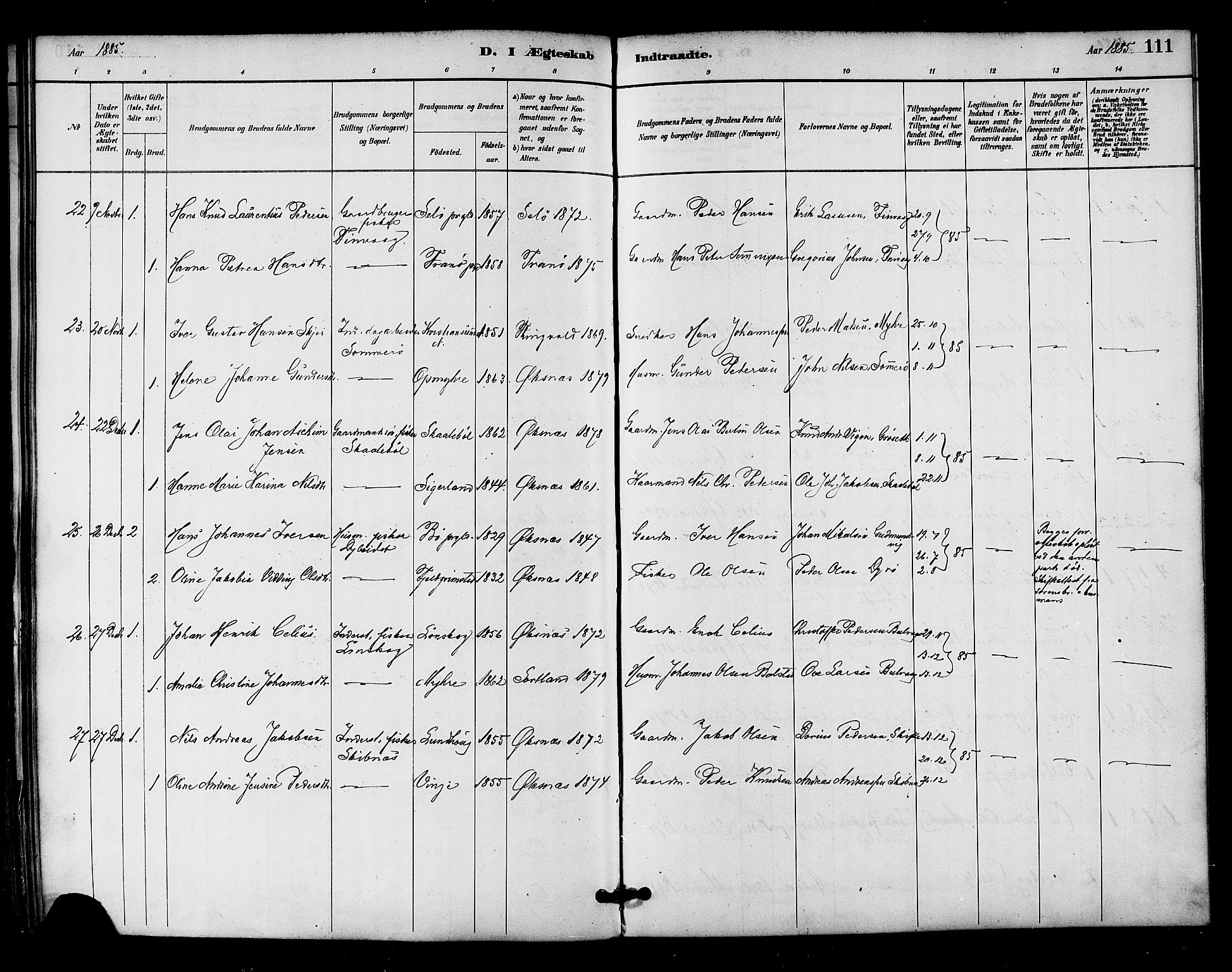 Ministerialprotokoller, klokkerbøker og fødselsregistre - Nordland, SAT/A-1459/893/L1337: Parish register (official) no. 893A09, 1885-1893, p. 111