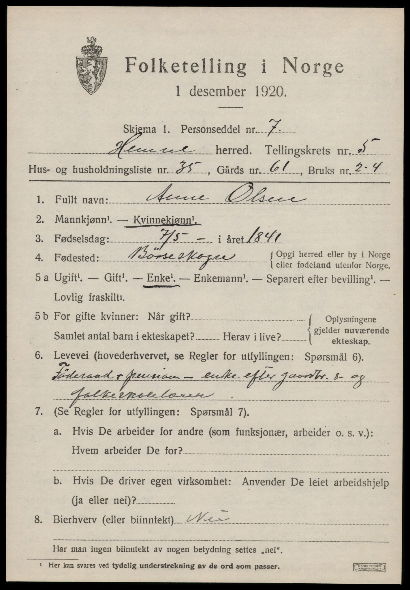 SAT, 1920 census for Hemne, 1920, p. 3514