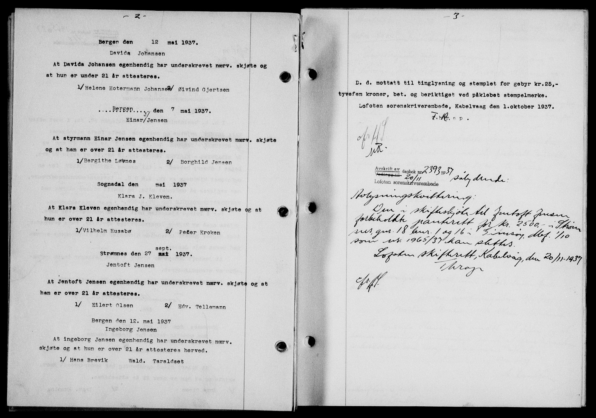 Lofoten sorenskriveri, SAT/A-0017/1/2/2C/L0003a: Mortgage book no. 3a, 1937-1938, Diary no: : 1965/1937