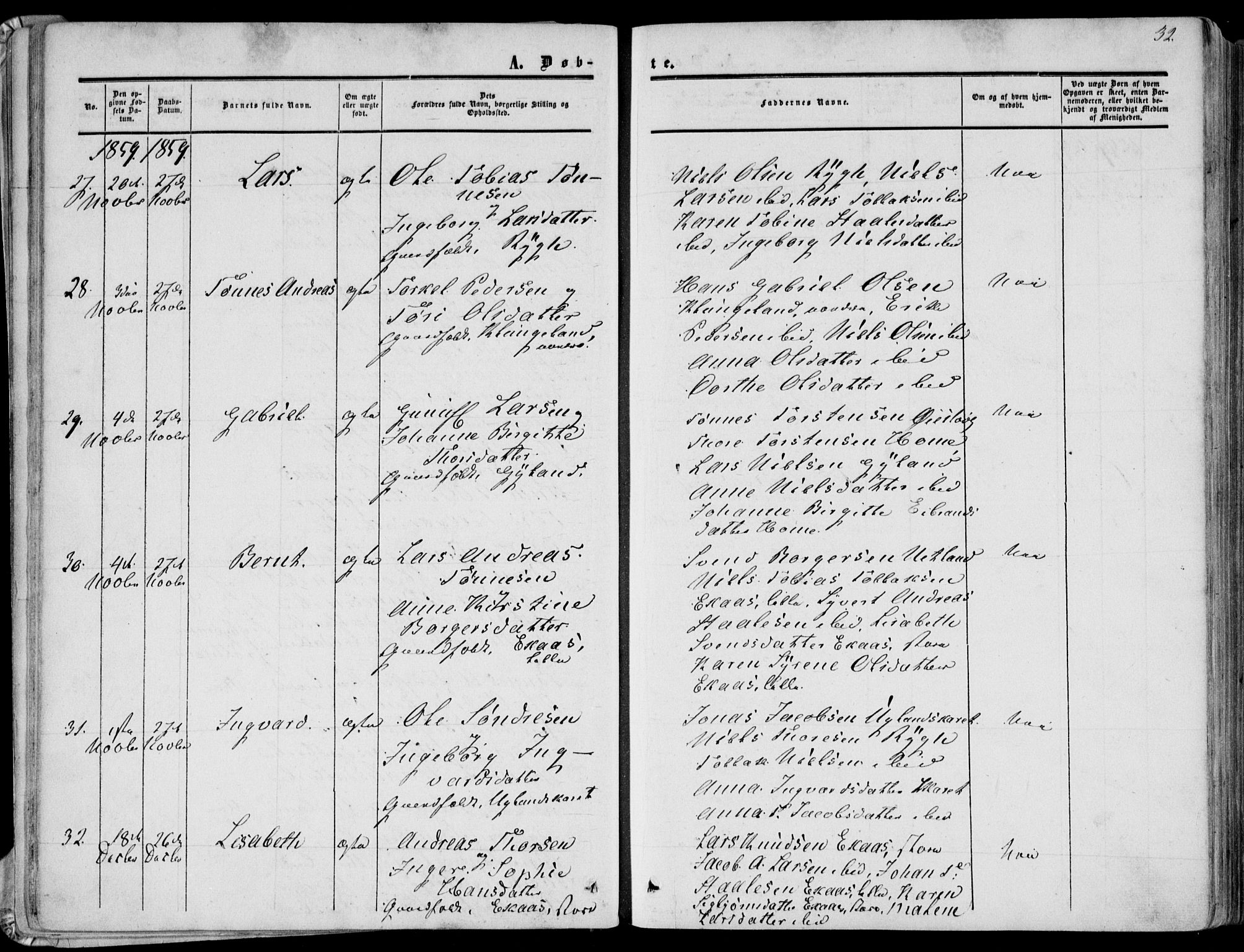 Bakke sokneprestkontor, AV/SAK-1111-0002/F/Fa/Fab/L0002: Parish register (official) no. A 2, 1855-1884, p. 32