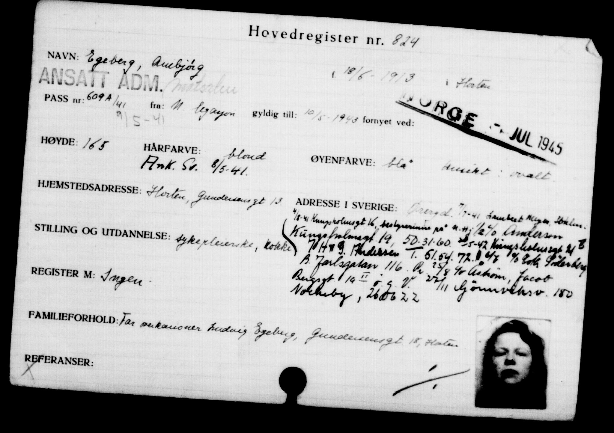 Utenriksstasjonene, Legasjonen i Stockholm, Flyktningkontoret, AV/RA-S-6753/V/Va/L0001: Kjesäterkartoteket, flyktninger med registreringsnr. 1-1000, 1940-1945, p. 1302