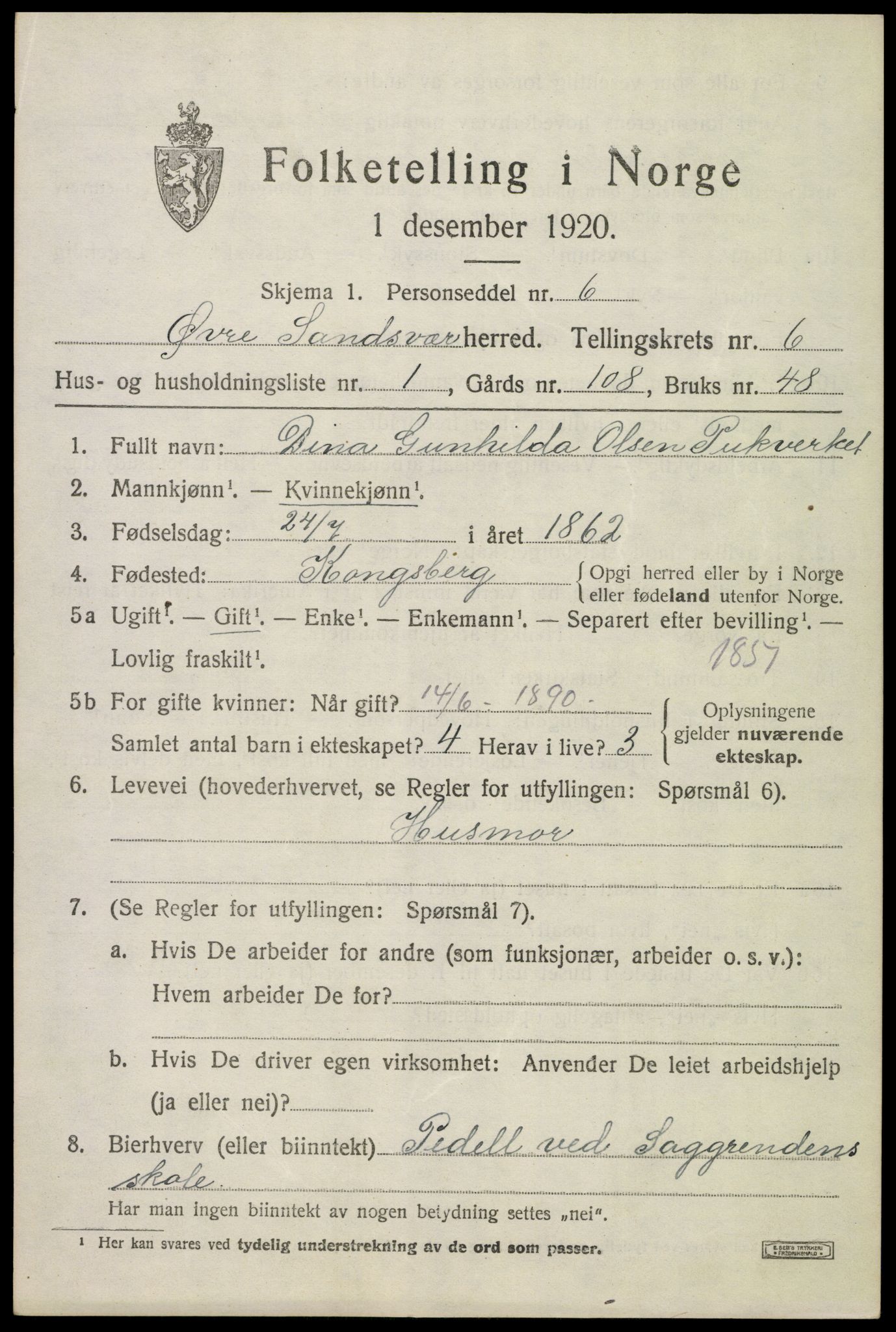 SAKO, 1920 census for Øvre Sandsvær, 1920, p. 3186