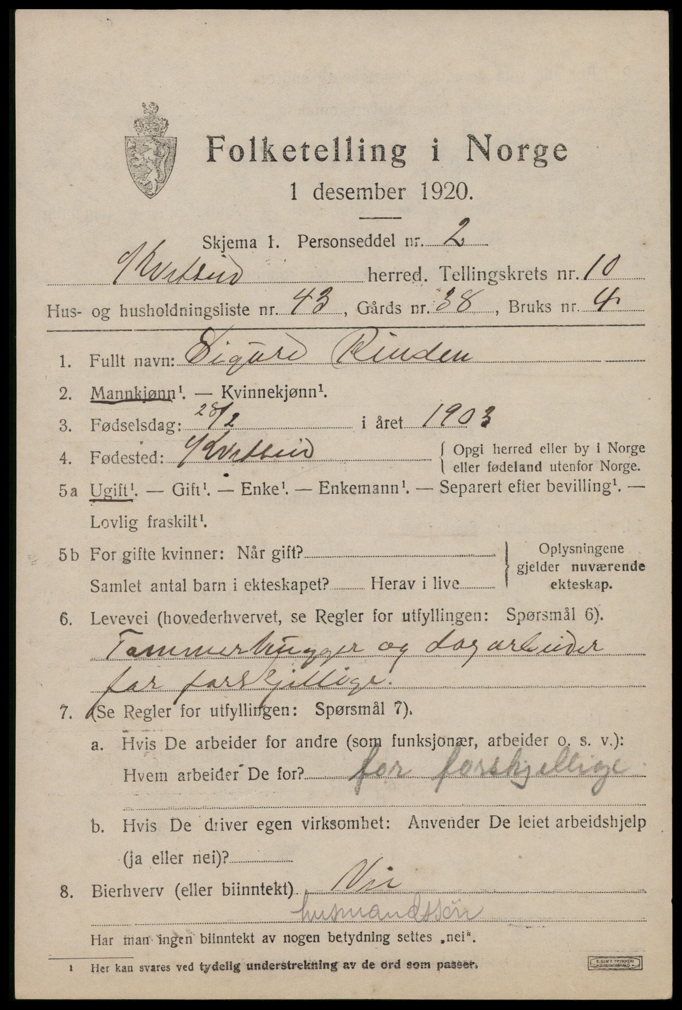 SAKO, 1920 census for Kviteseid, 1920, p. 5233