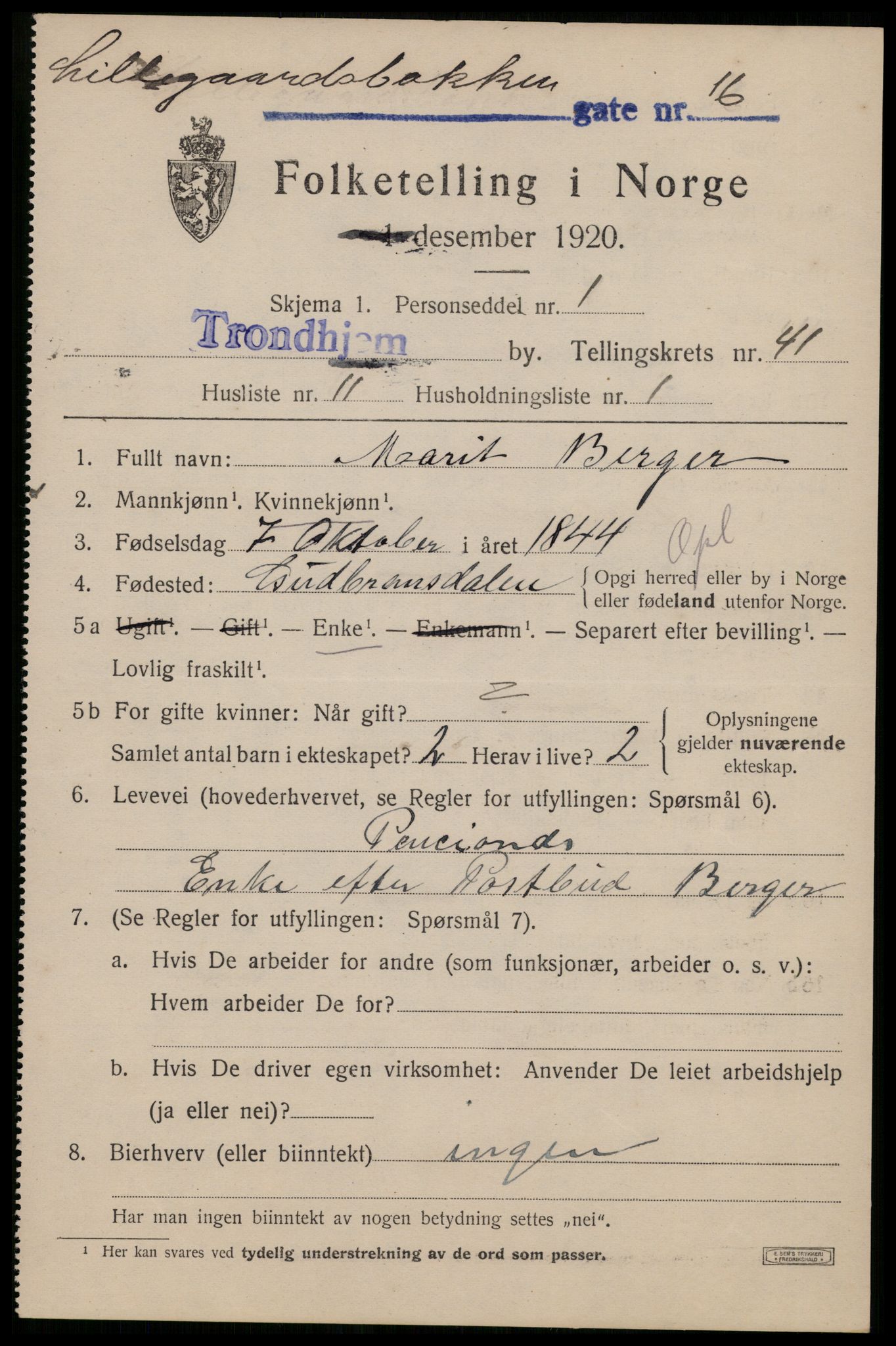 SAT, 1920 census for Trondheim, 1920, p. 91090