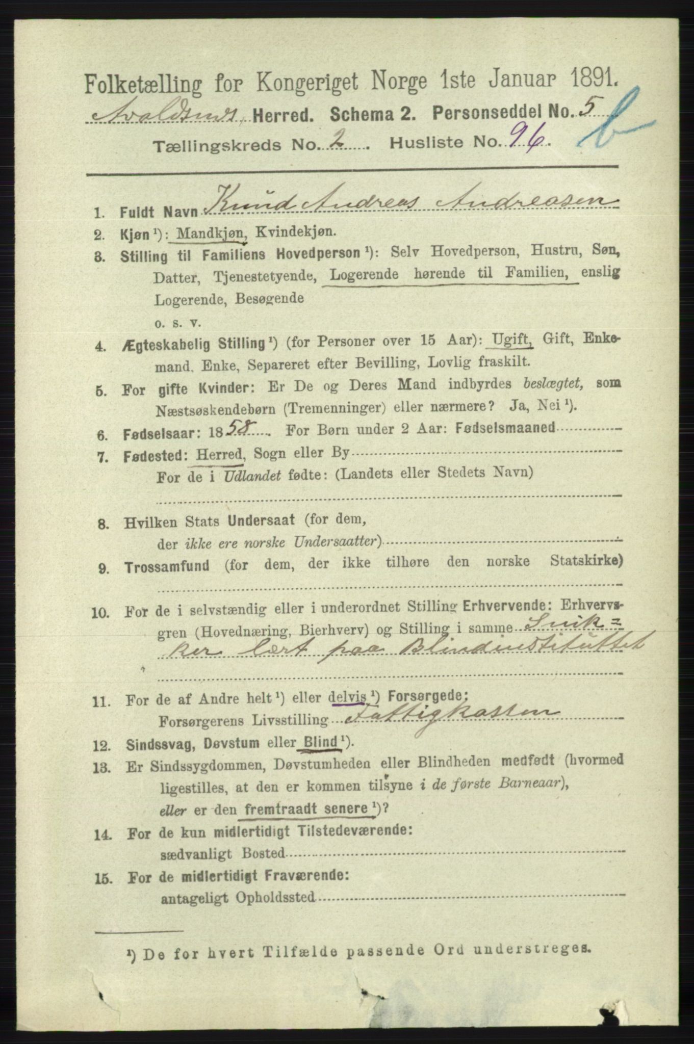 RA, 1891 census for 1147 Avaldsnes, 1891, p. 2496