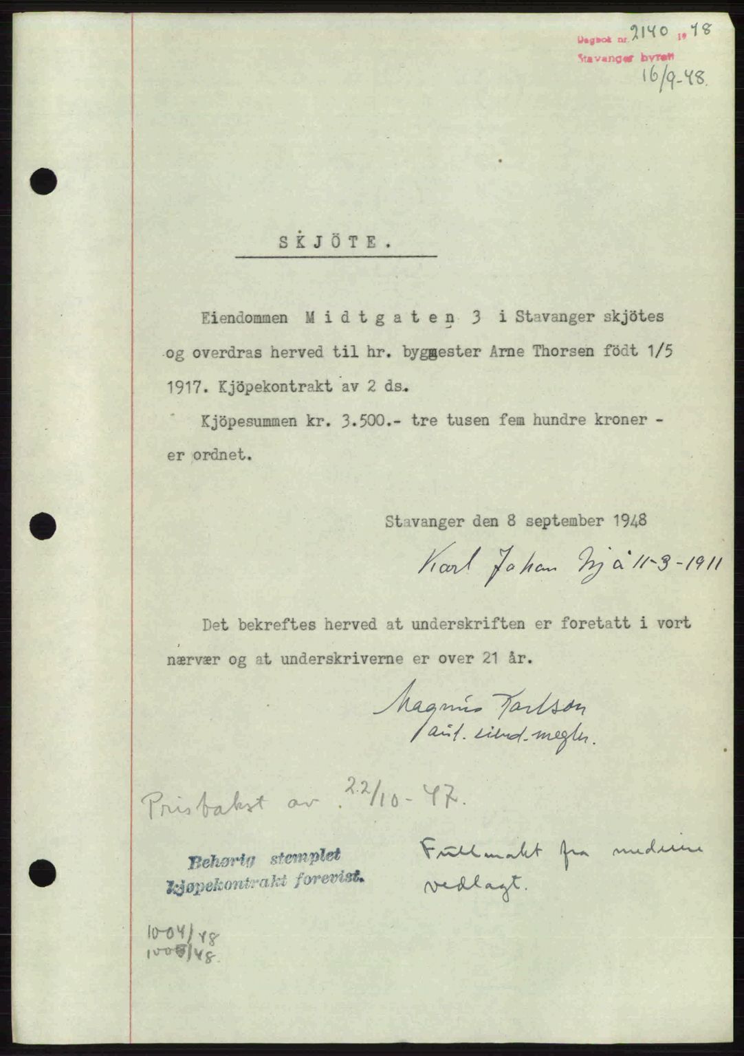 Stavanger byrett, SAST/A-100455/002/G/Gb/L0022: Mortgage book no. A11, 1947-1948, Diary no: : 2140/1948