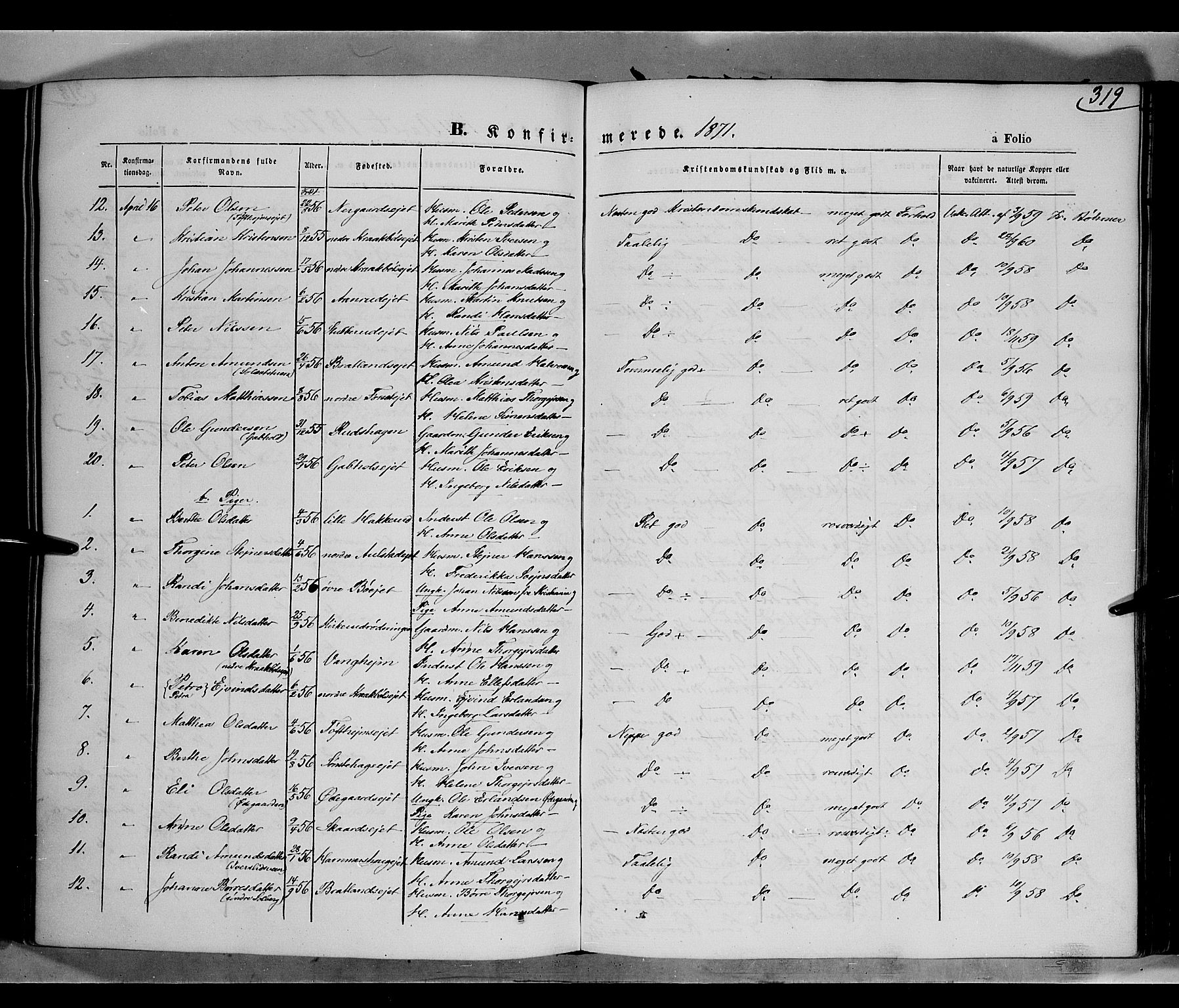 Gausdal prestekontor, SAH/PREST-090/H/Ha/Haa/L0009: Parish register (official) no. 9, 1862-1873, p. 319
