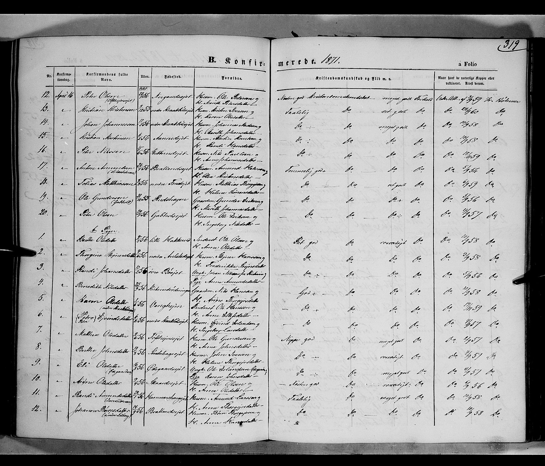 Gausdal prestekontor, AV/SAH-PREST-090/H/Ha/Haa/L0009: Parish register (official) no. 9, 1862-1873, p. 319