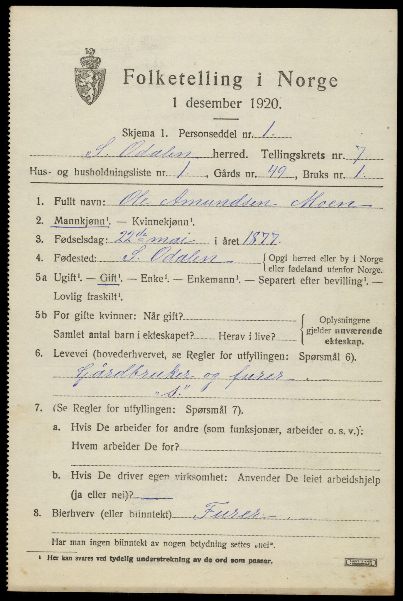 SAH, 1920 census for Sør-Odal, 1920, p. 8651