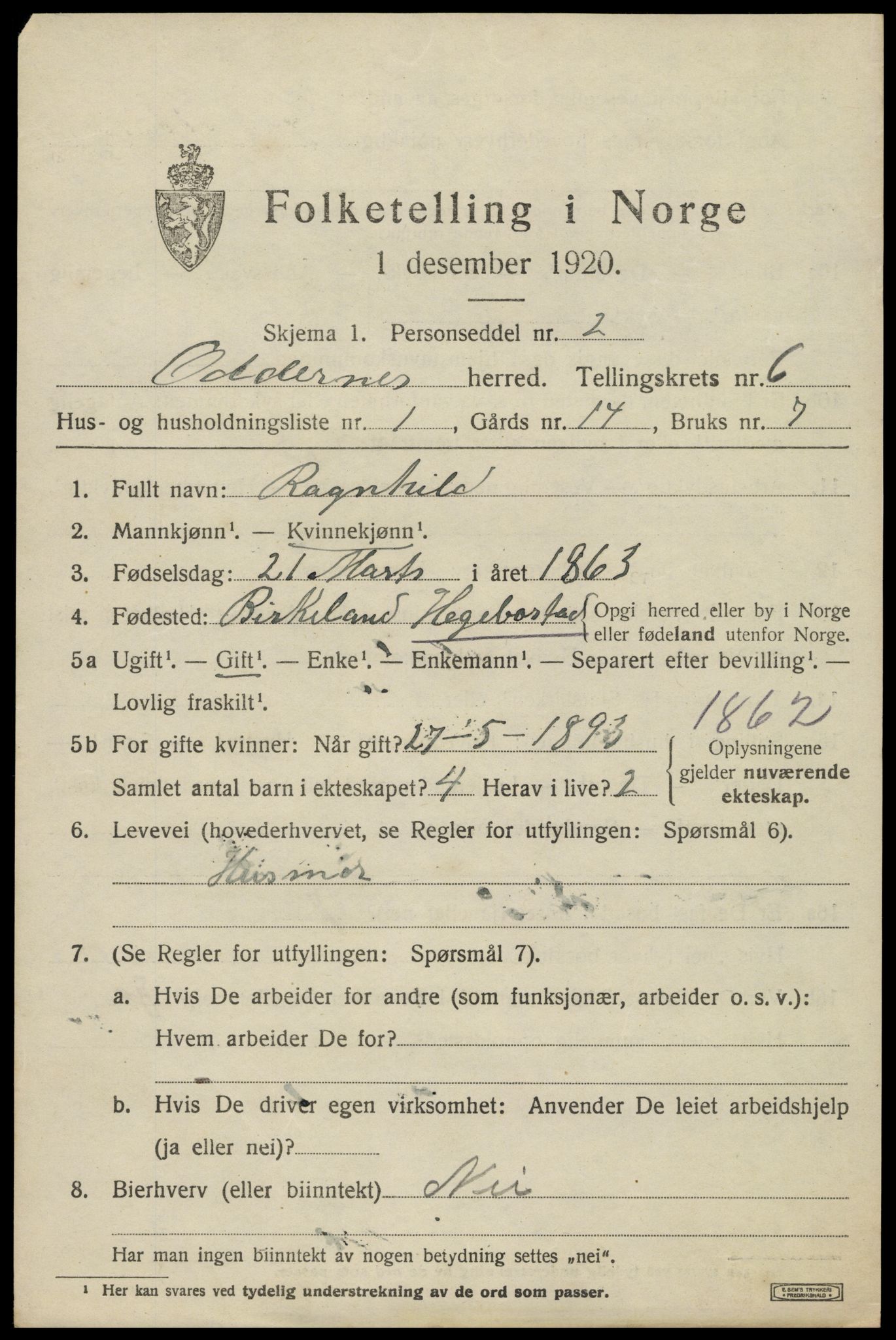 SAK, 1920 census for Oddernes, 1920, p. 4873