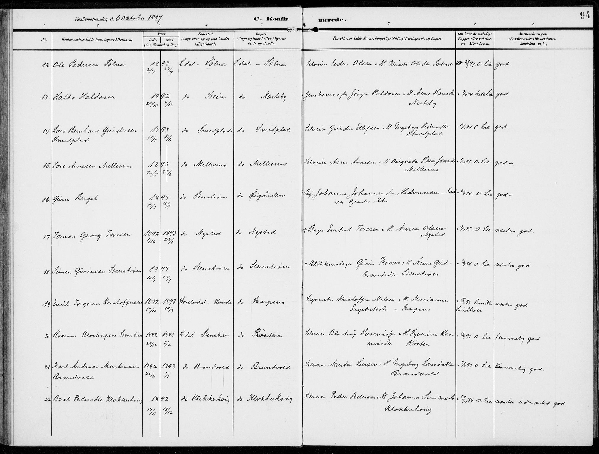Alvdal prestekontor, SAH/PREST-060/H/Ha/Haa/L0004: Parish register (official) no. 4, 1907-1919, p. 94