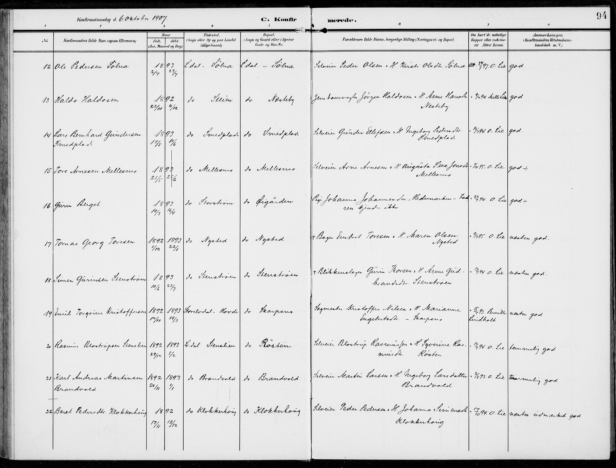 Alvdal prestekontor, AV/SAH-PREST-060/H/Ha/Haa/L0004: Parish register (official) no. 4, 1907-1919, p. 94