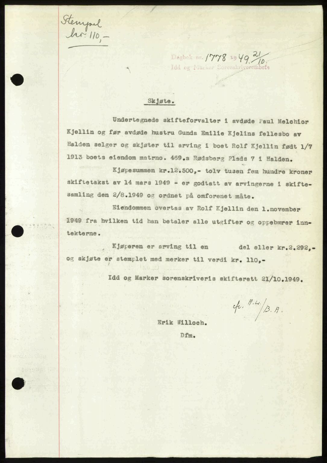 Idd og Marker sorenskriveri, AV/SAO-A-10283/G/Gb/Gbb/L0013: Mortgage book no. A13, 1949-1950, Diary no: : 1778/1949