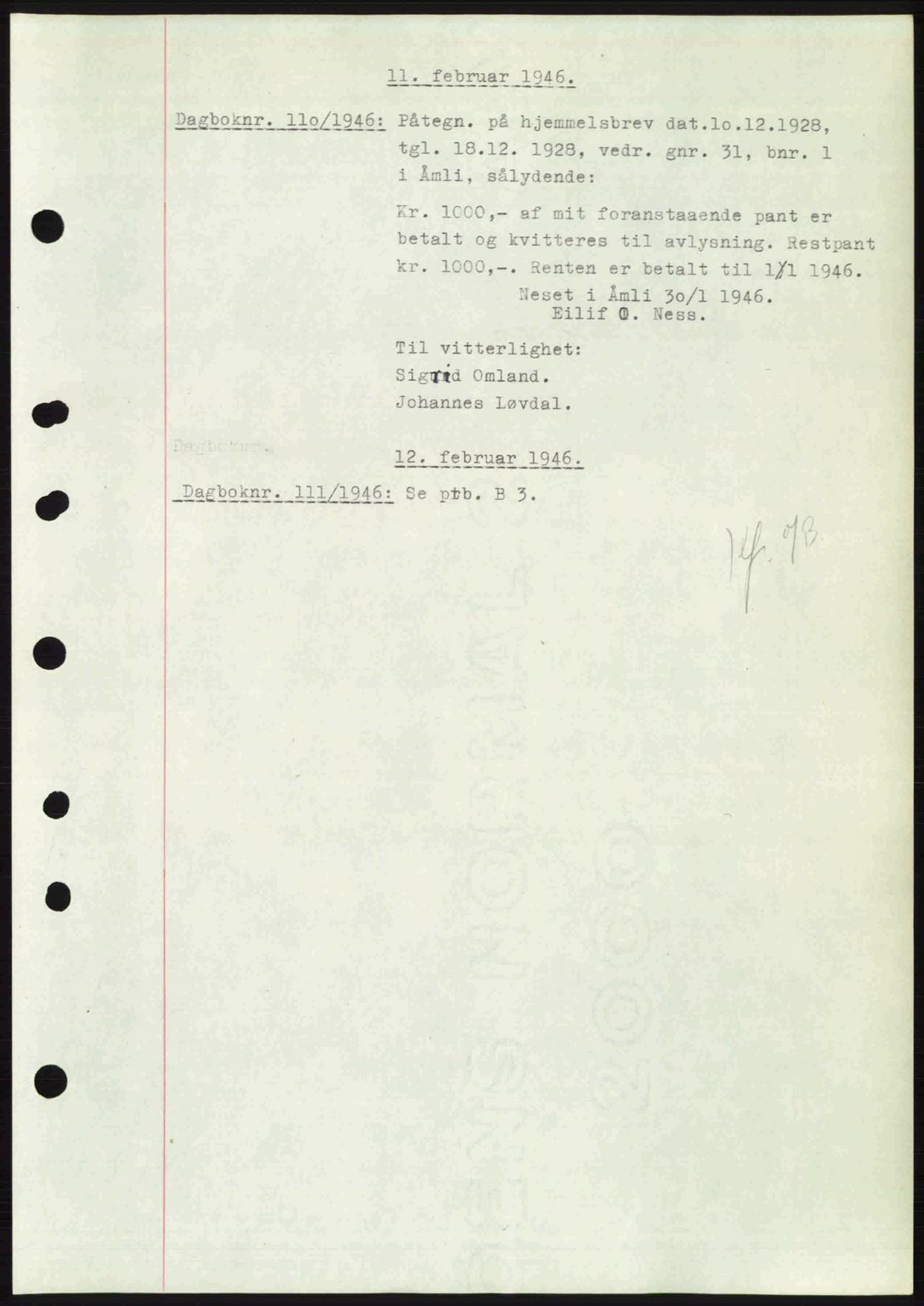 Nedenes sorenskriveri, AV/SAK-1221-0006/G/Gb/Gba/L0054: Mortgage book no. A6c, 1946-1946, Diary no: : 110/1946
