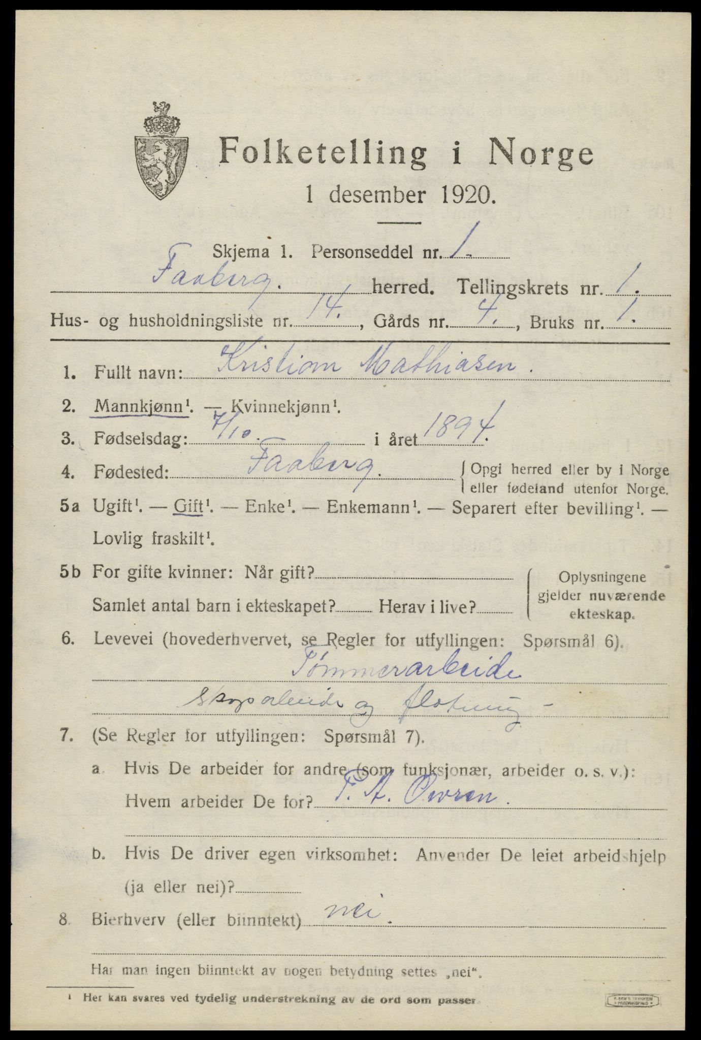 SAH, 1920 census for Fåberg, 1920, p. 2404