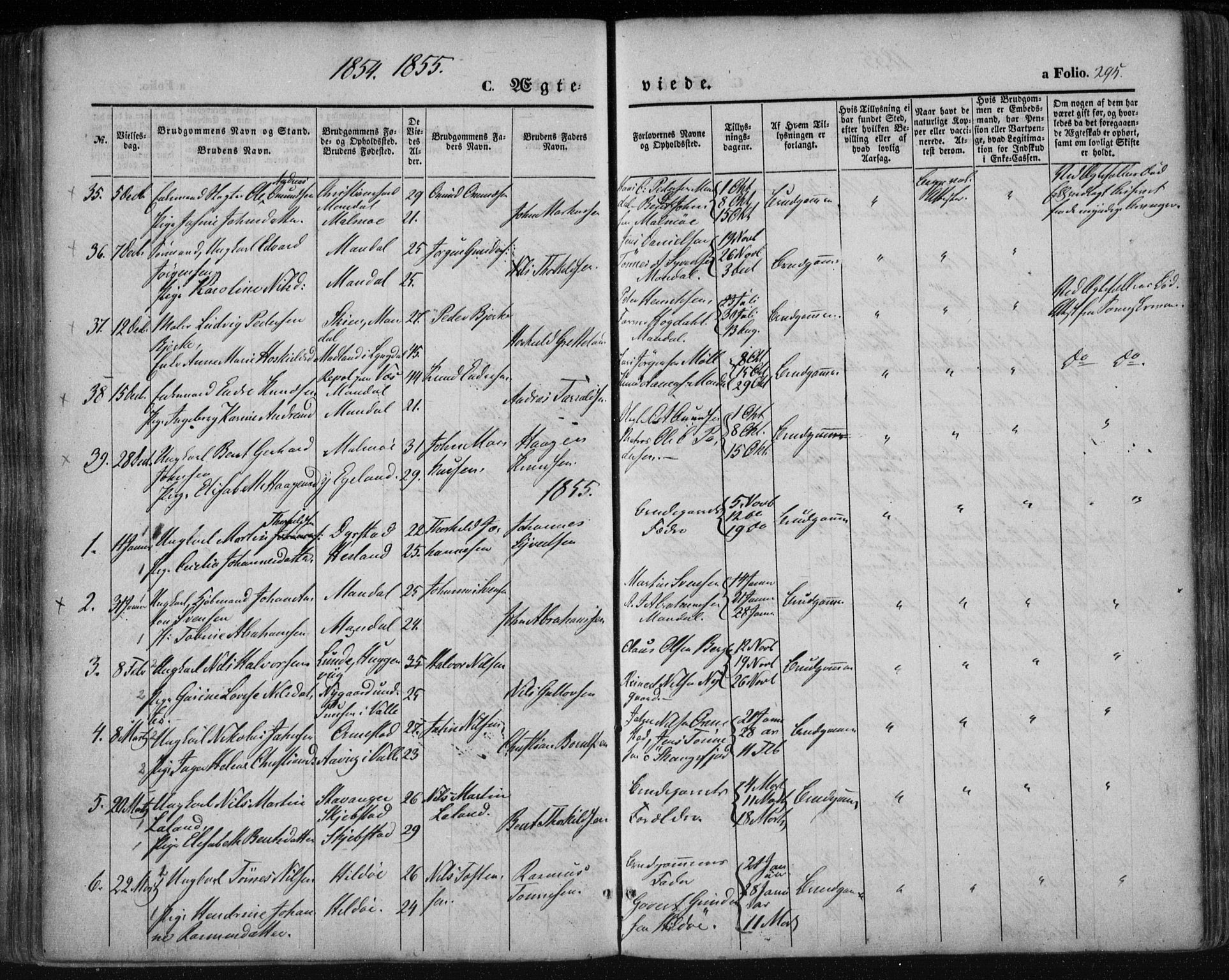 Mandal sokneprestkontor, AV/SAK-1111-0030/F/Fa/Faa/L0013: Parish register (official) no. A 13, 1847-1859, p. 295