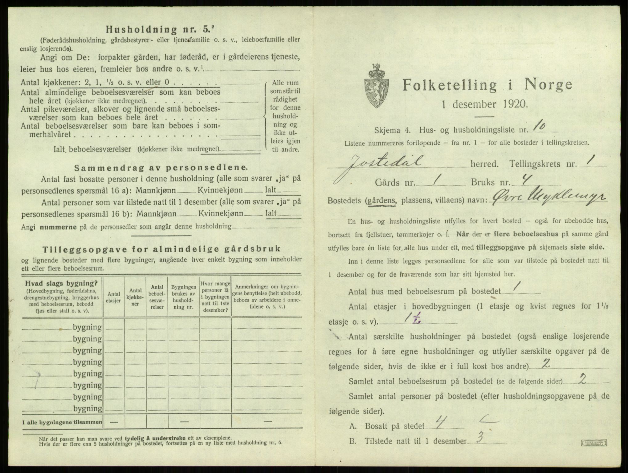 SAB, 1920 census for Jostedal, 1920, p. 38