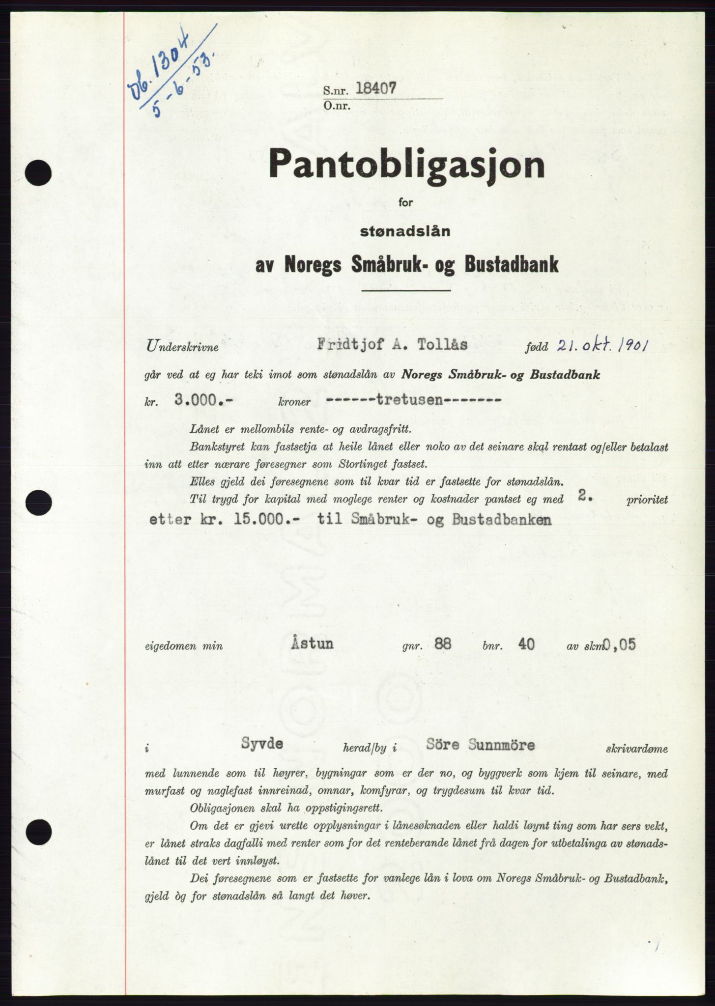 Søre Sunnmøre sorenskriveri, AV/SAT-A-4122/1/2/2C/L0123: Mortgage book no. 11B, 1953-1953, Diary no: : 1304/1953