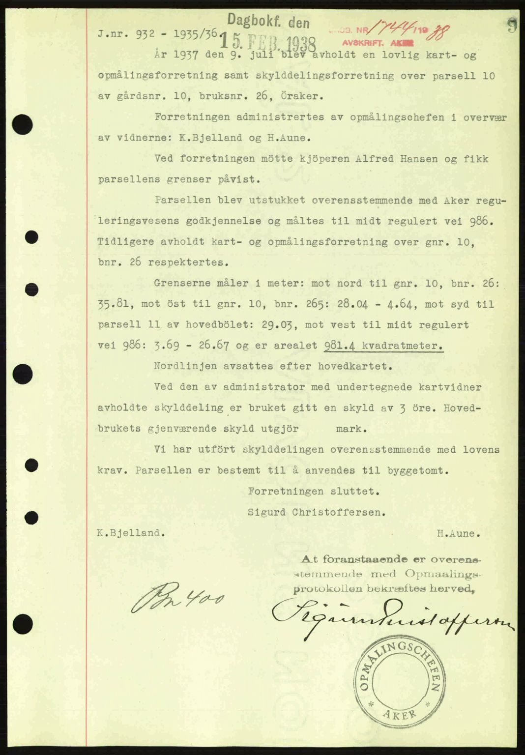 Aker herredsskriveri, AV/SAO-A-10896/G/Gb/Gba/Gbab/L0020: Mortgage book no. A150-151, 1938-1938, Diary no: : 1744/1938