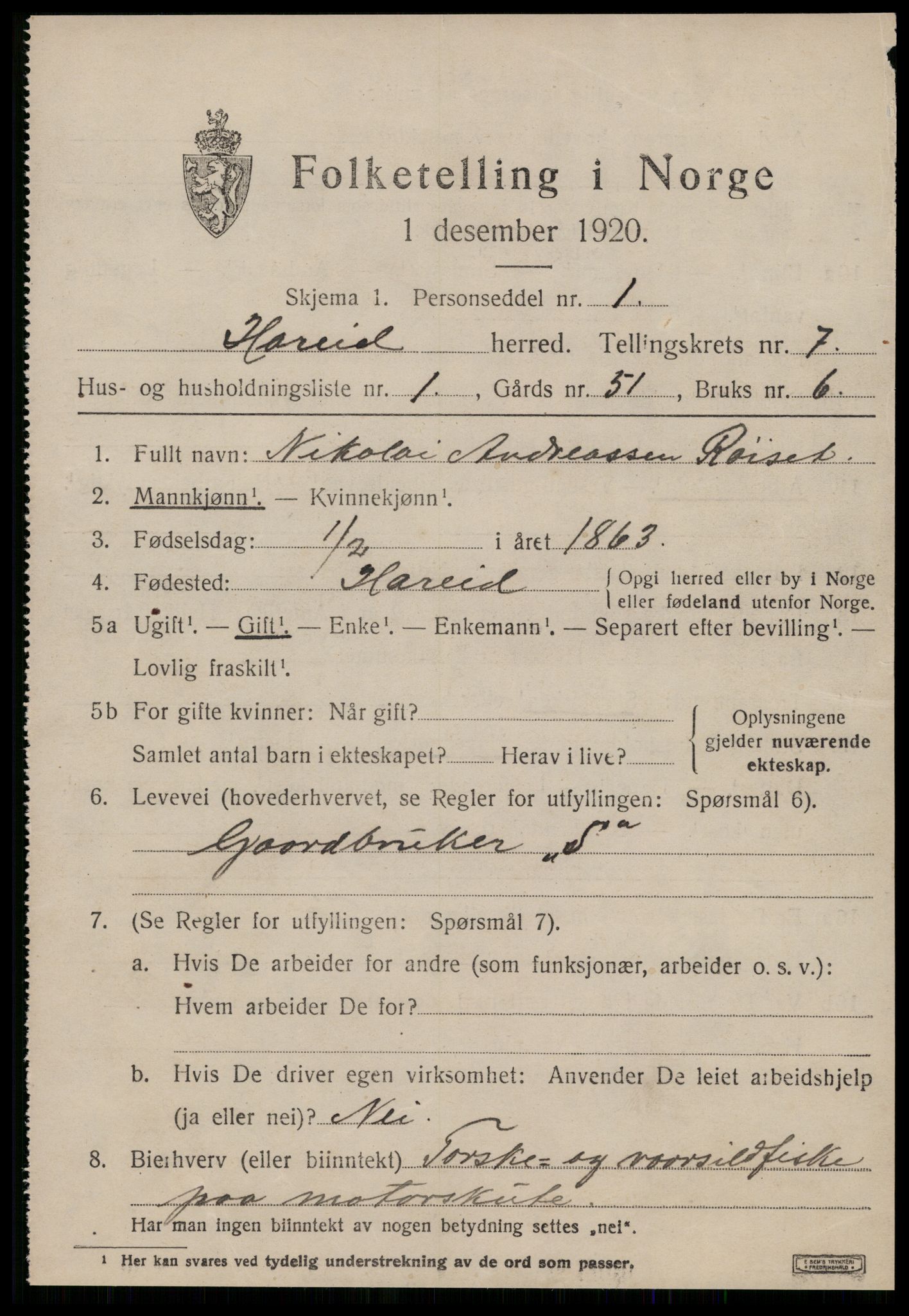 SAT, 1920 census for Hareid, 1920, p. 2493