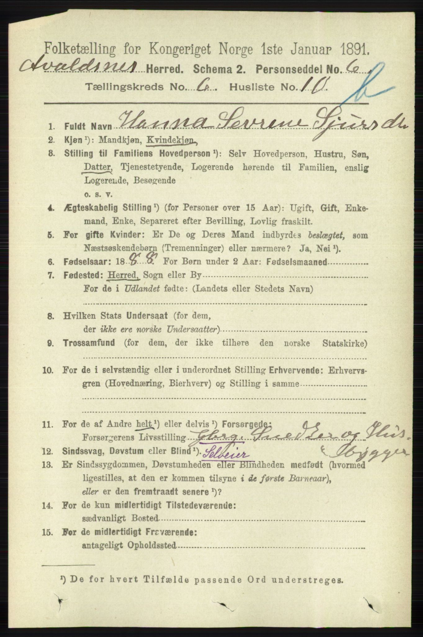 RA, 1891 census for 1147 Avaldsnes, 1891, p. 3291