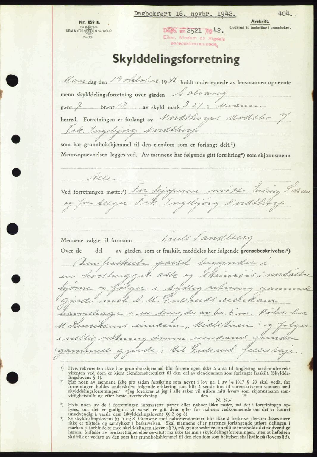 Eiker, Modum og Sigdal sorenskriveri, AV/SAKO-A-123/G/Ga/Gab/L0047: Mortgage book no. A17, 1942-1943, Diary no: : 2521/1942