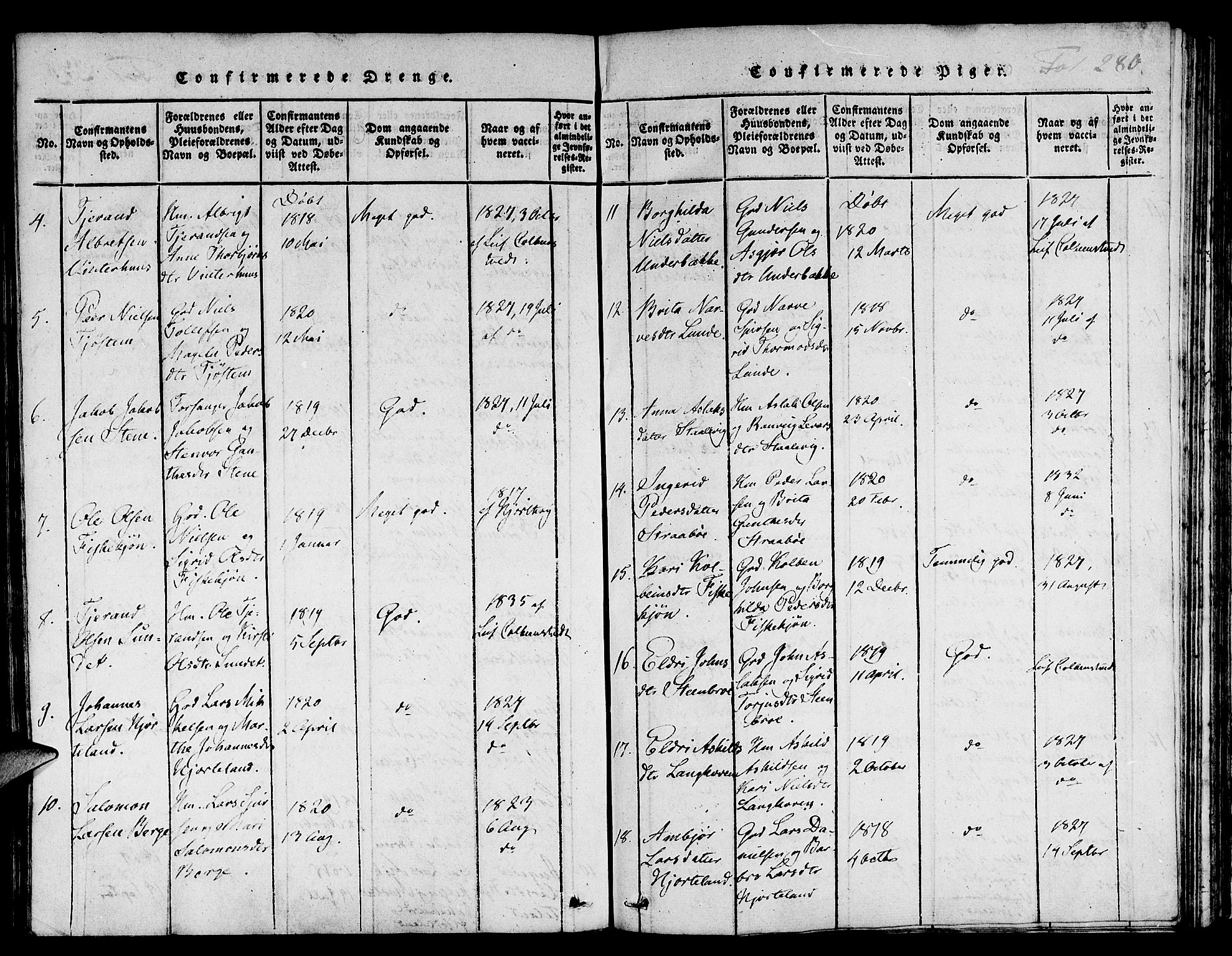 Suldal sokneprestkontor, AV/SAST-A-101845/01/IV/L0006: Parish register (official) no. A 6, 1816-1836, p. 280