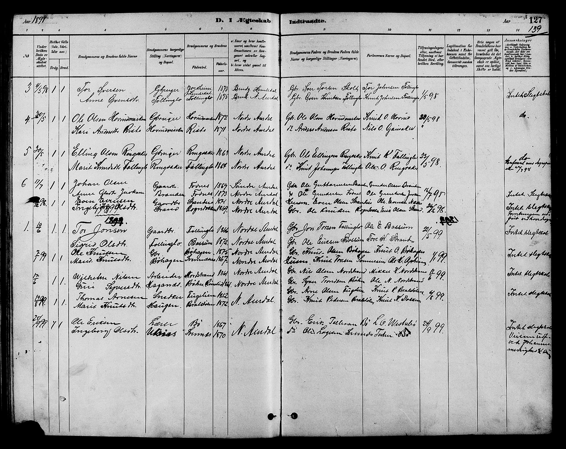 Nord-Aurdal prestekontor, SAH/PREST-132/H/Ha/Hab/L0007: Parish register (copy) no. 7, 1883-1910, p. 139