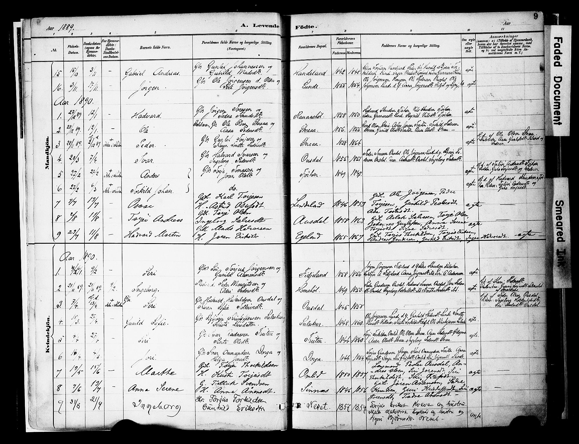 Sirdal sokneprestkontor, AV/SAK-1111-0036/F/Fa/Faa/L0001: Parish register (official) no. A 1, 1887-1910, p. 9