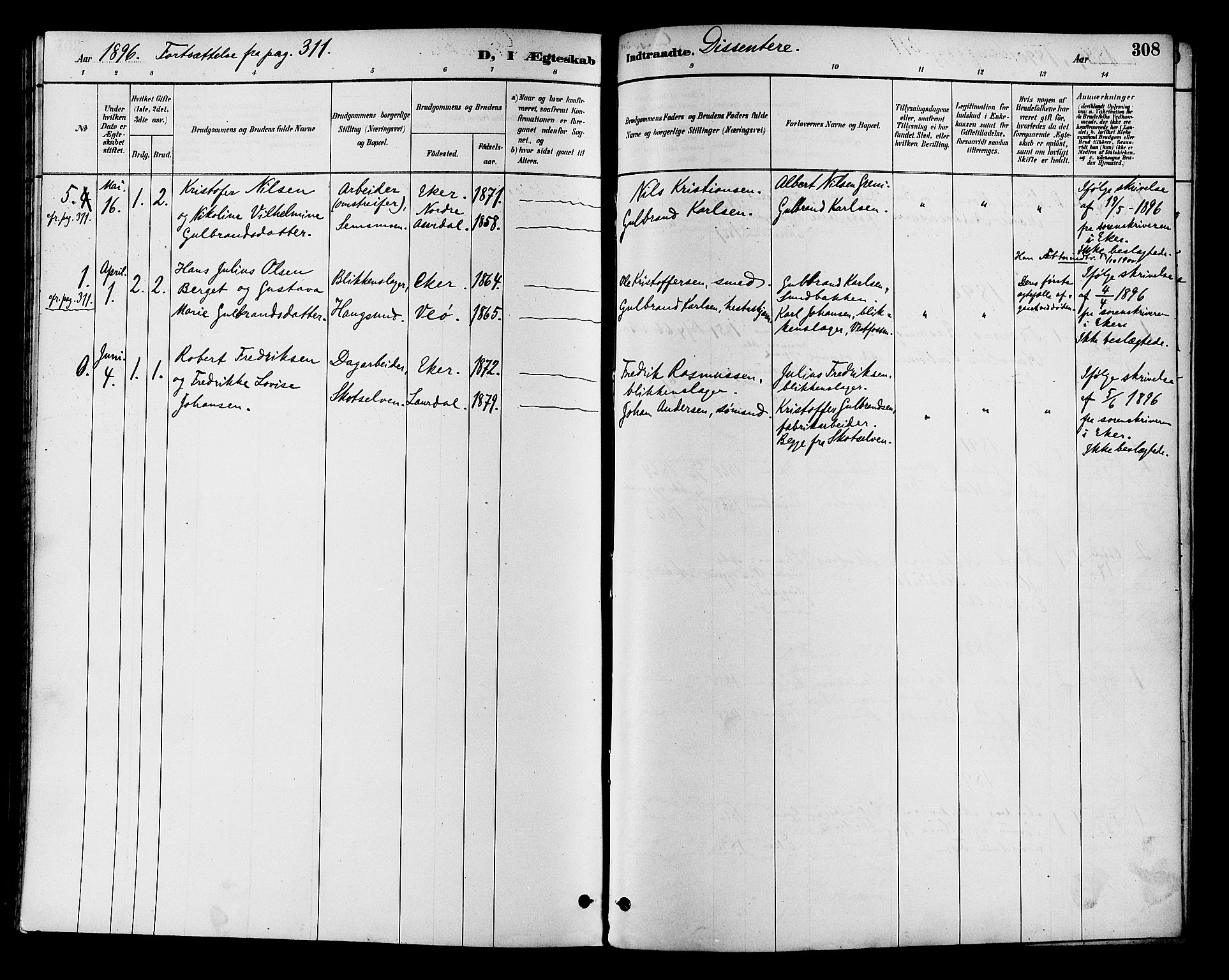 Eiker kirkebøker, SAKO/A-4/F/Fb/L0002: Parish register (official) no. II 2, 1889-1896, p. 308