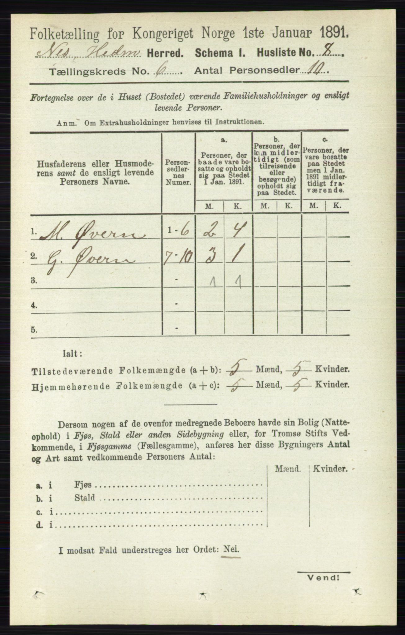 RA, 1891 census for 0411 Nes, 1891, p. 3176