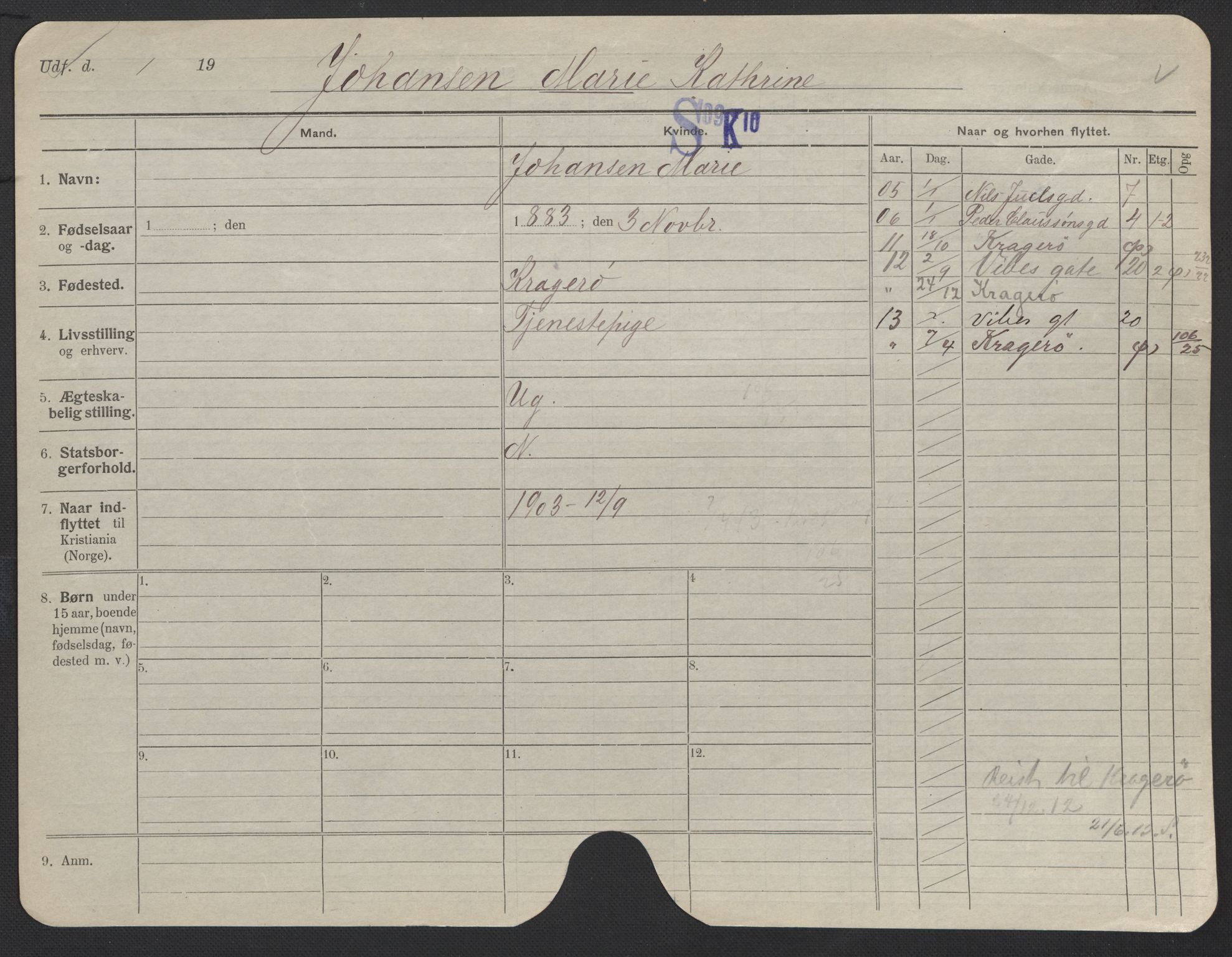 Oslo folkeregister, Registerkort, SAO/A-11715/F/Fa/Fac/L0018: Kvinner, 1906-1914, p. 301a