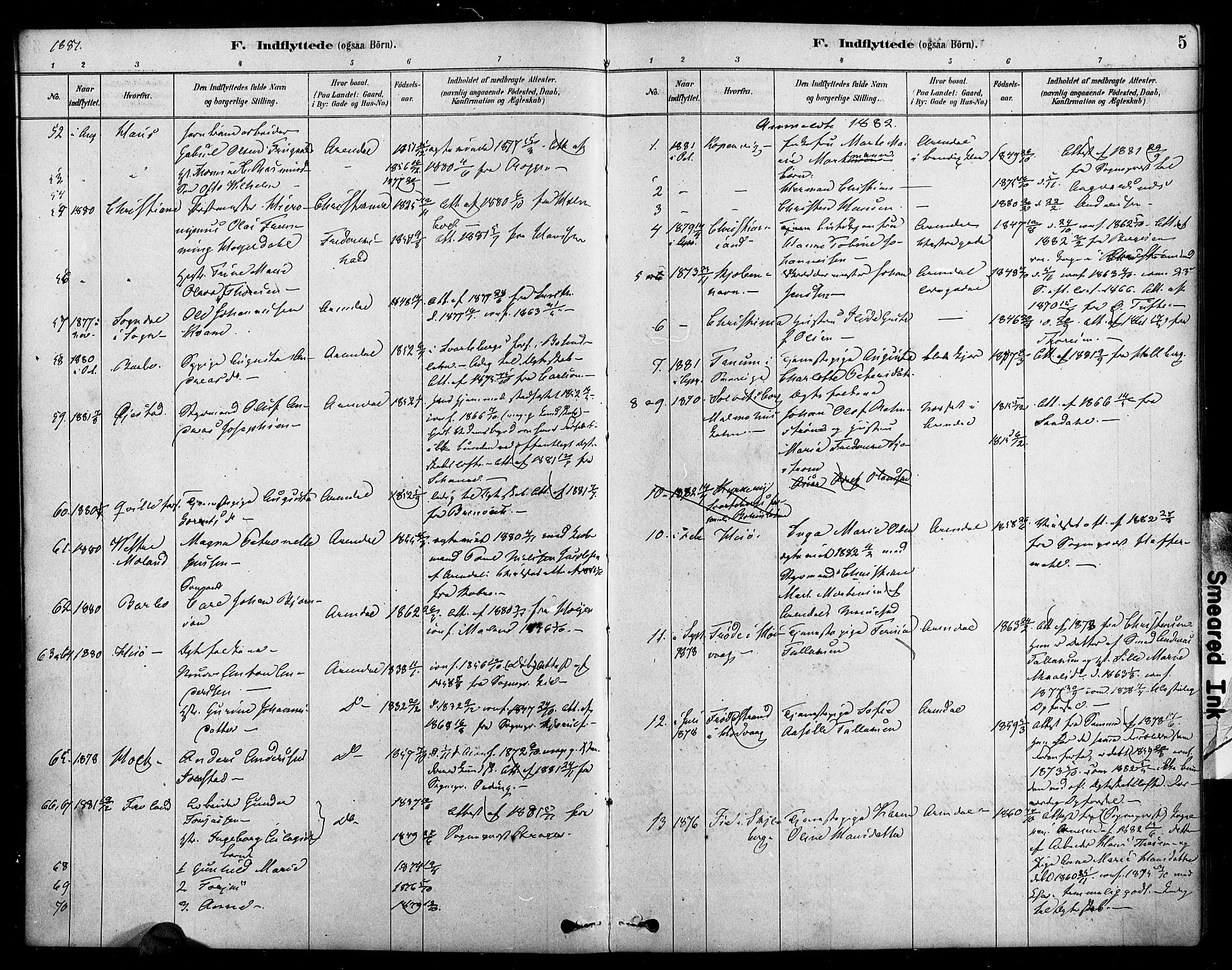 Arendal sokneprestkontor, Trefoldighet, SAK/1111-0040/F/Fa/L0009: Parish register (official) no. A 9, 1878-1919, p. 5