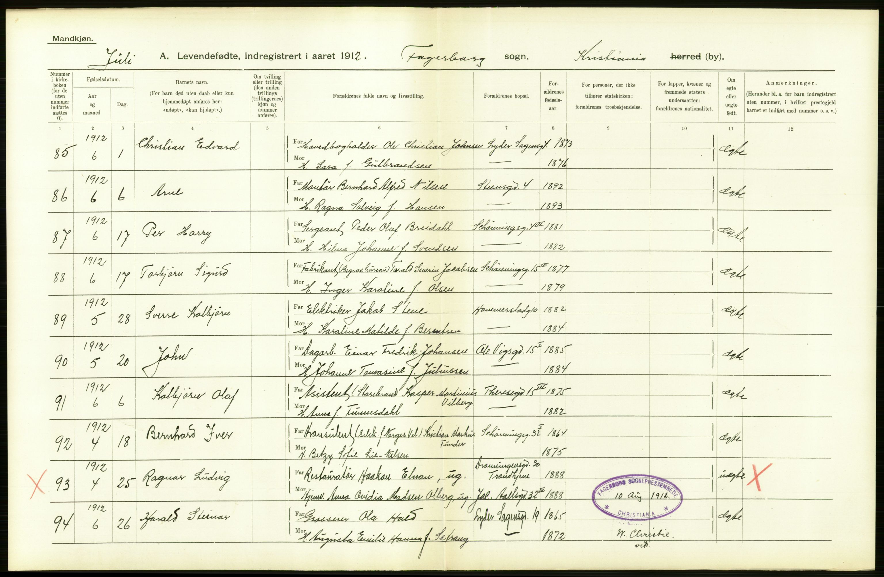 Statistisk sentralbyrå, Sosiodemografiske emner, Befolkning, RA/S-2228/D/Df/Dfb/Dfbb/L0007: Kristiania:  Levendefødte menn og kvinner., 1912, p. 634