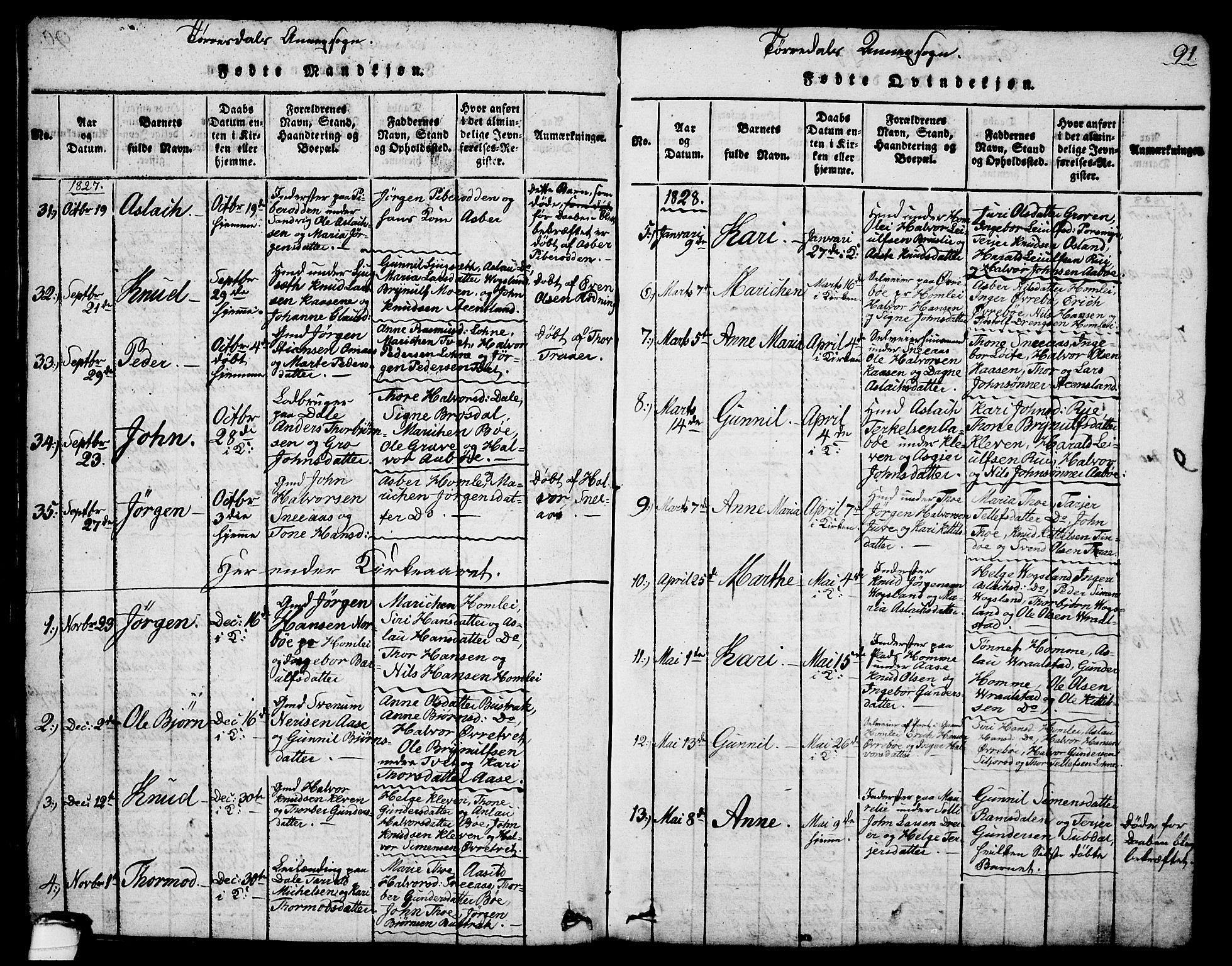 Drangedal kirkebøker, SAKO/A-258/G/Ga/L0001: Parish register (copy) no. I 1 /2, 1814-1856, p. 91
