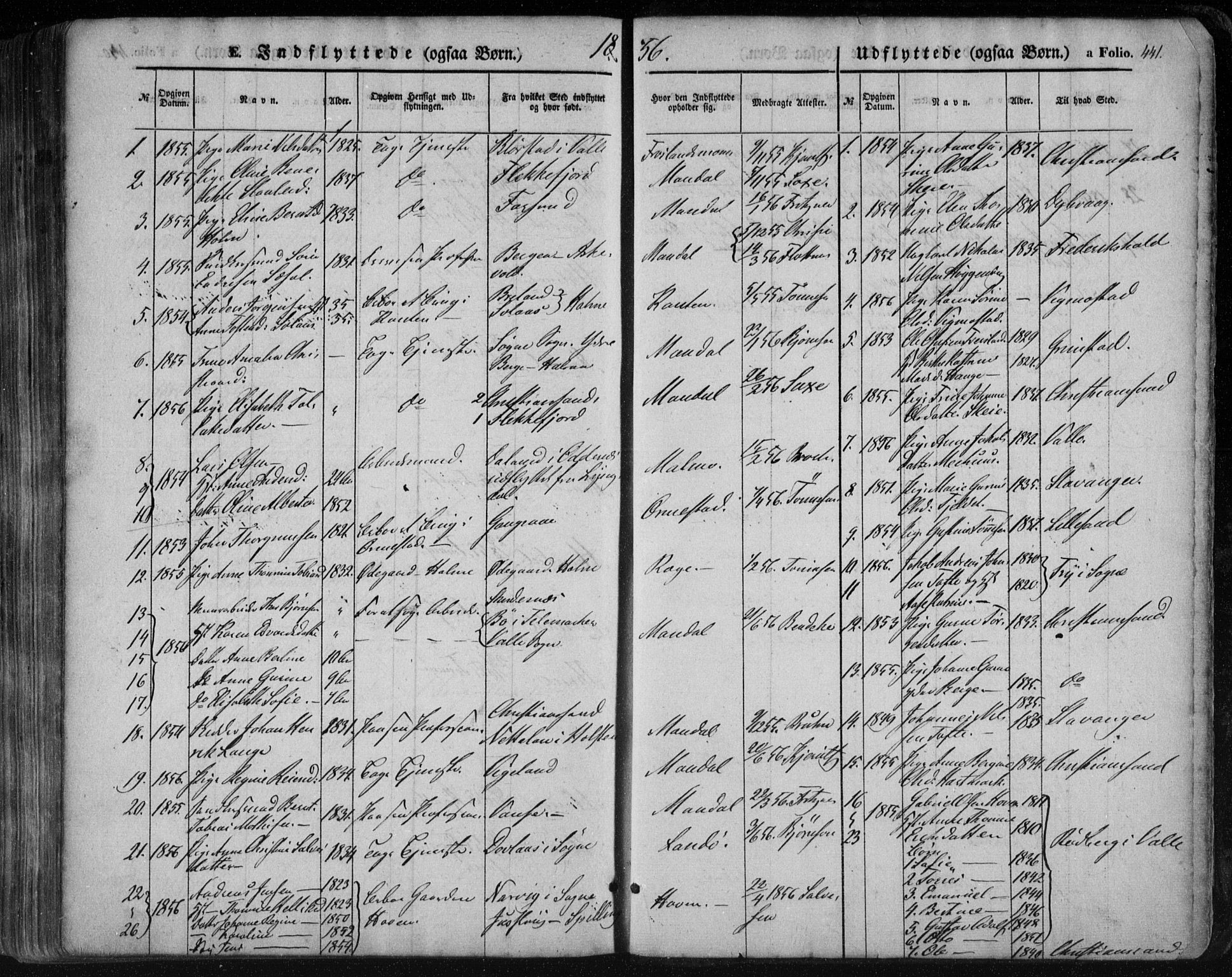 Mandal sokneprestkontor, AV/SAK-1111-0030/F/Fa/Faa/L0013: Parish register (official) no. A 13, 1847-1859, p. 441