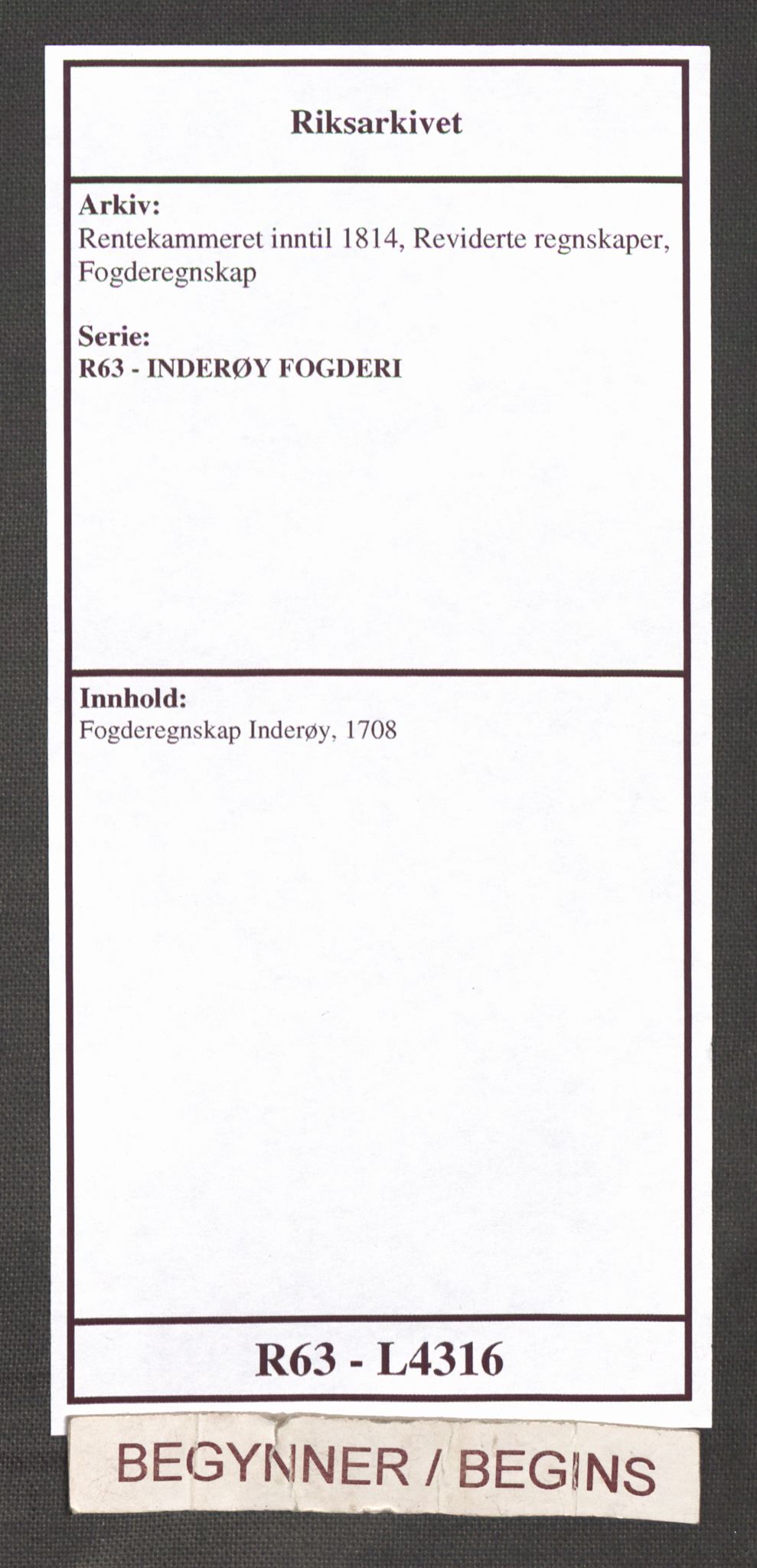 Rentekammeret inntil 1814, Reviderte regnskaper, Fogderegnskap, RA/EA-4092/R63/L4316: Fogderegnskap Inderøy, 1708, p. 1