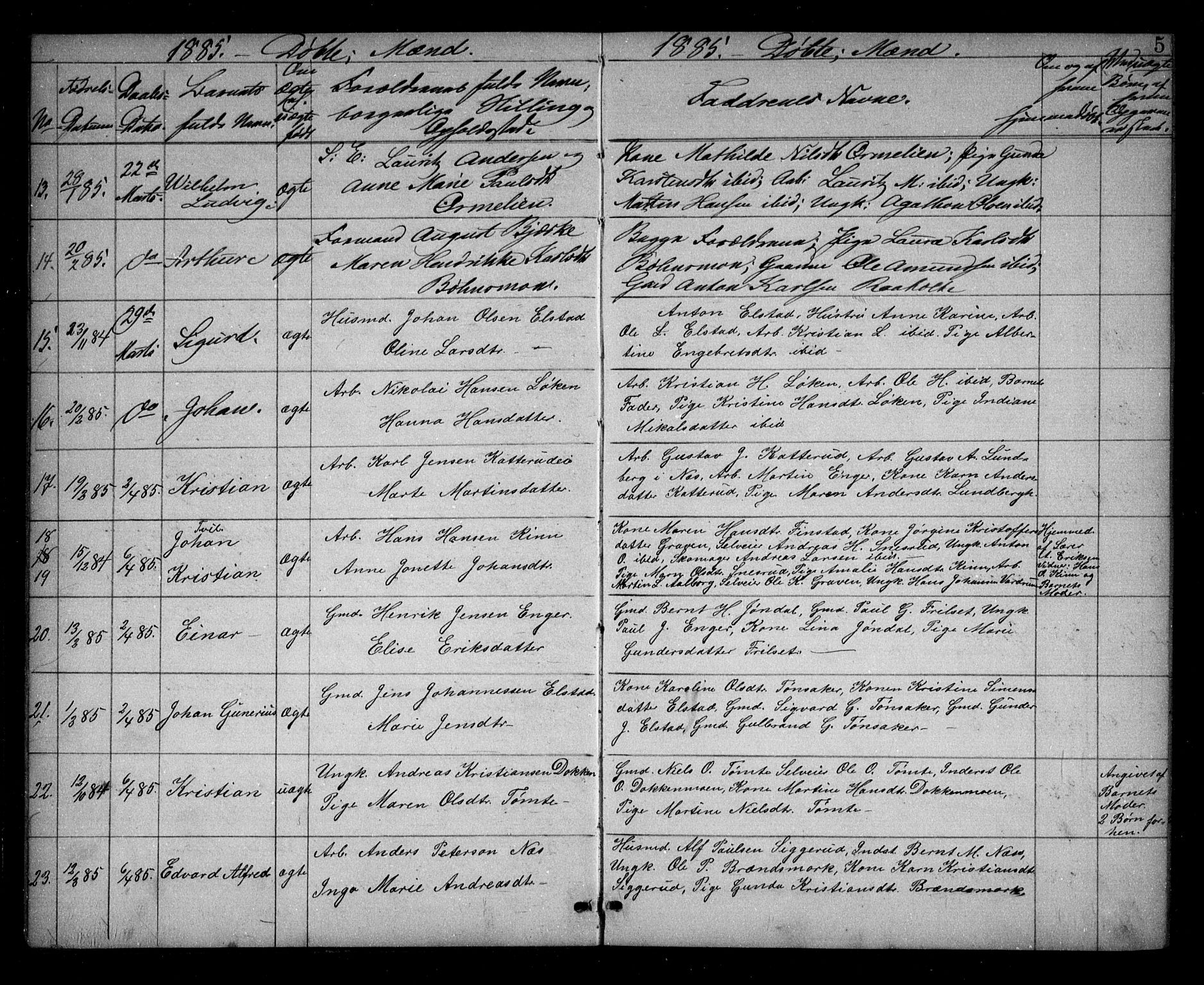 Eidsvoll prestekontor Kirkebøker, AV/SAO-A-10888/G/Ga/L0005: Parish register (copy) no. I 5, 1884-1894, p. 5