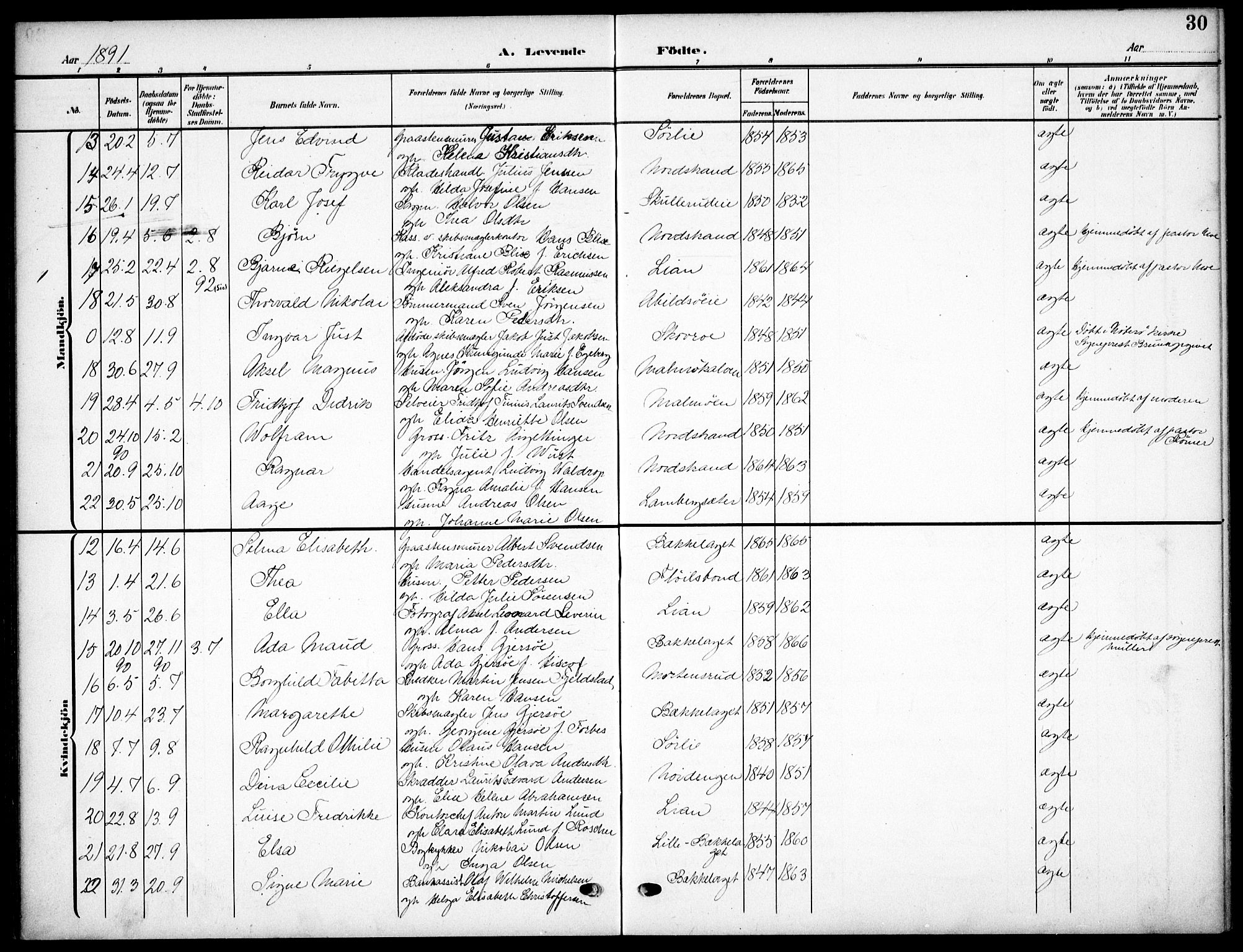 Nordstrand prestekontor Kirkebøker, AV/SAO-A-10362a/F/Fa/L0000: Parish register (official) no.  0, 1881-1900, p. 30