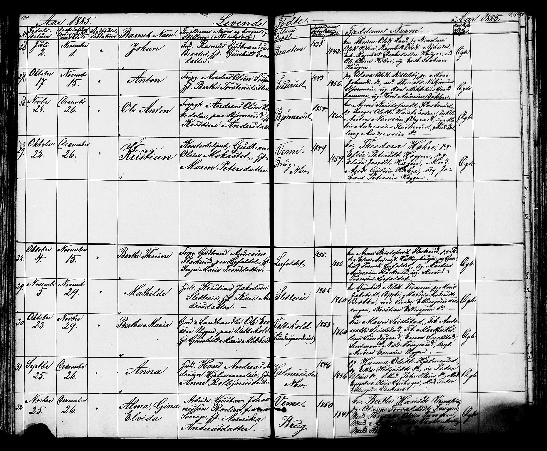 Lunder kirkebøker, AV/SAKO-A-629/G/Ga/L0003a: Parish register (copy) no. I 3, 1869-1888, p. 134-135