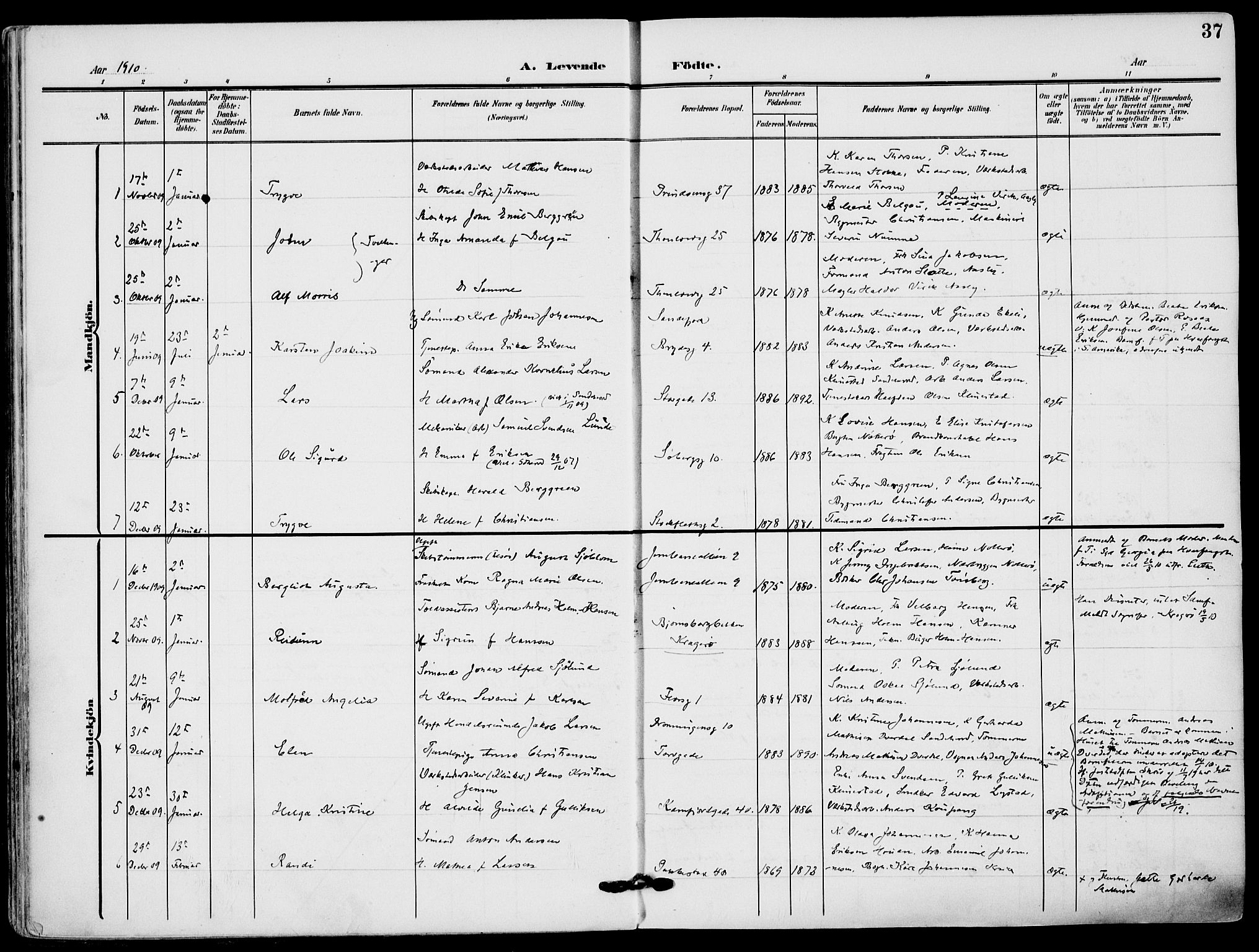 Sandefjord kirkebøker, SAKO/A-315/F/Fa/L0005: Parish register (official) no. 5, 1906-1915, p. 37
