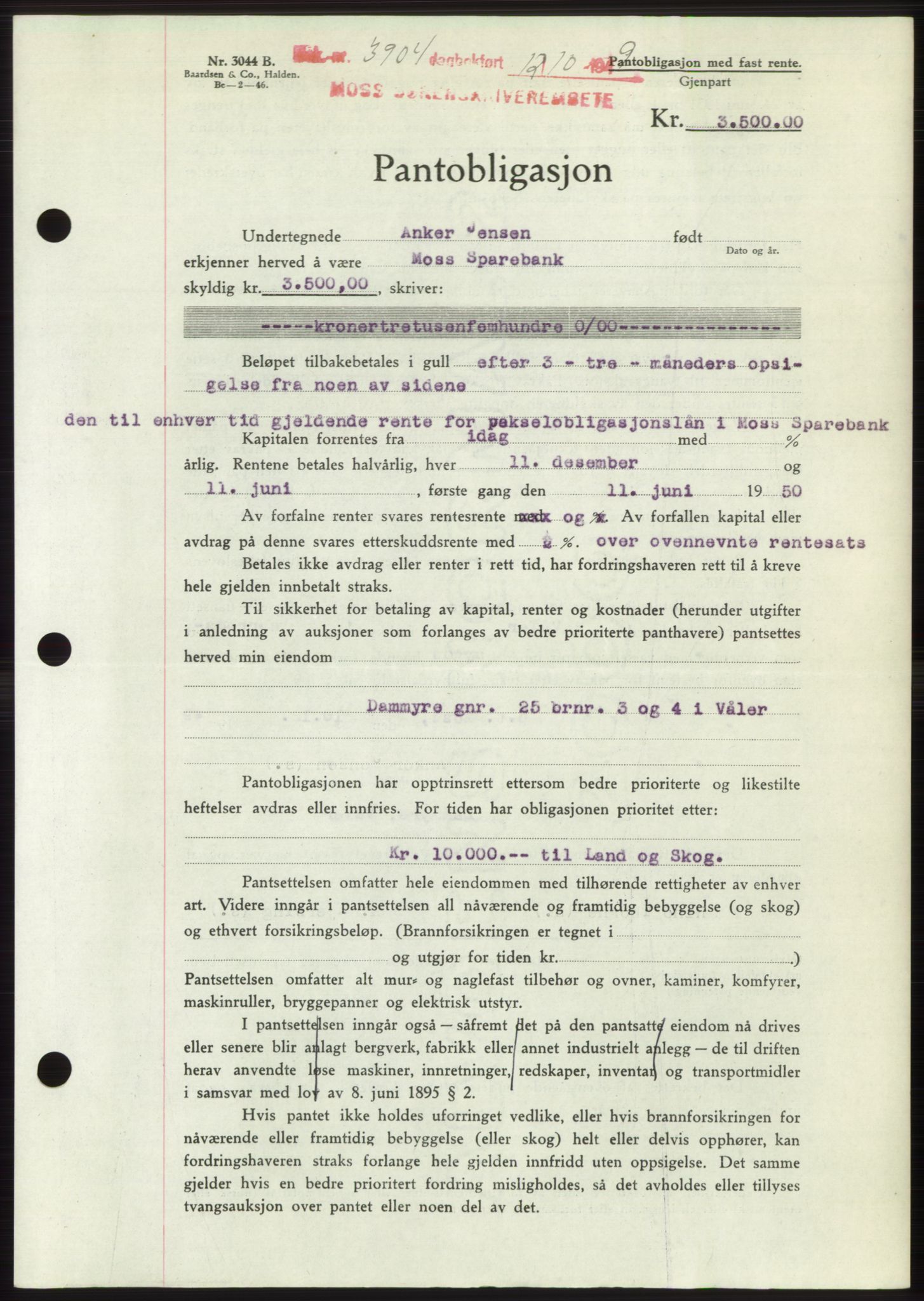 Moss sorenskriveri, SAO/A-10168: Mortgage book no. B23, 1949-1950, Diary no: : 3904/1949