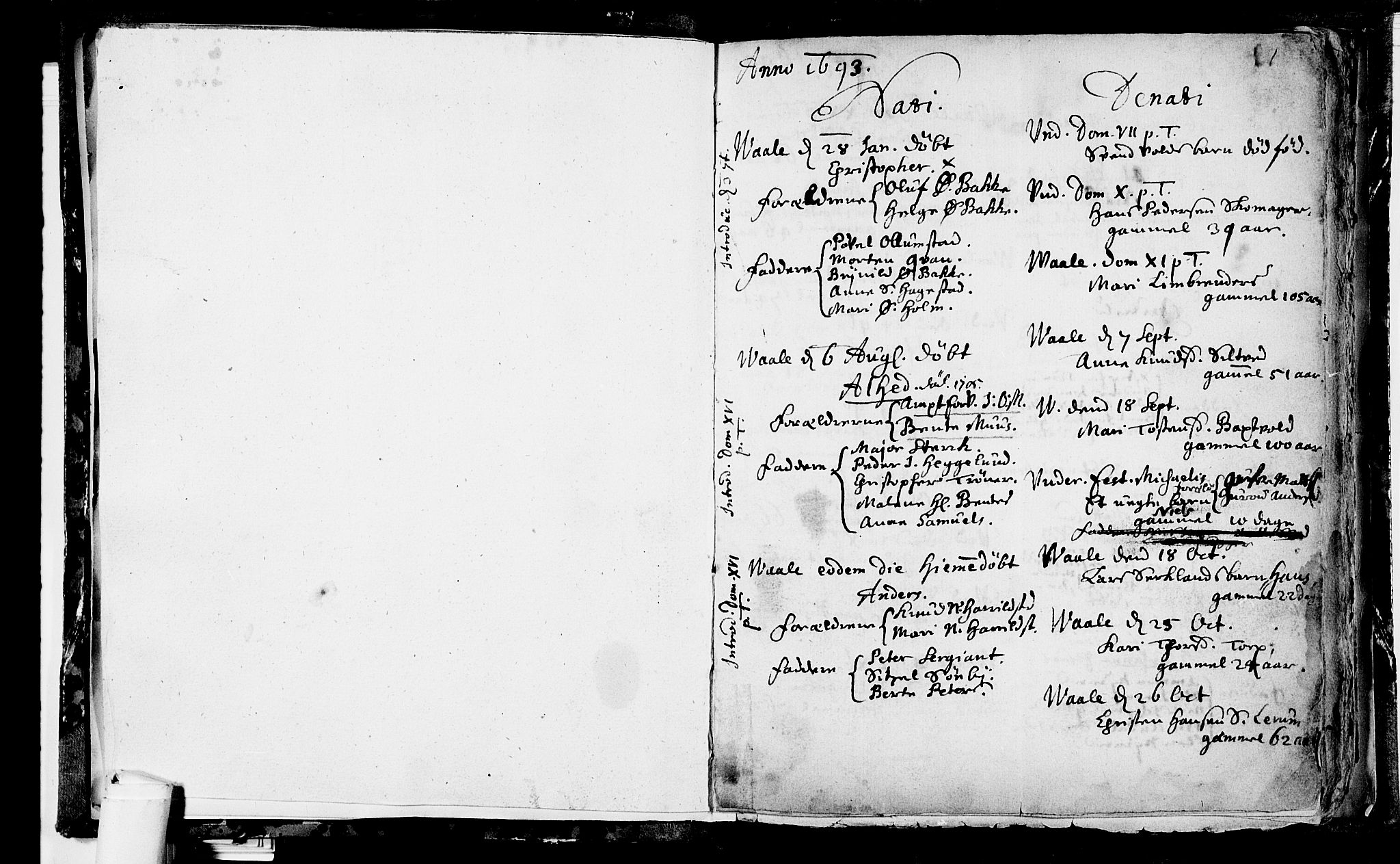 Våle kirkebøker, AV/SAKO-A-334/F/Fa/L0001: Parish register (official) no. I 1, 1693-1704, p. 1