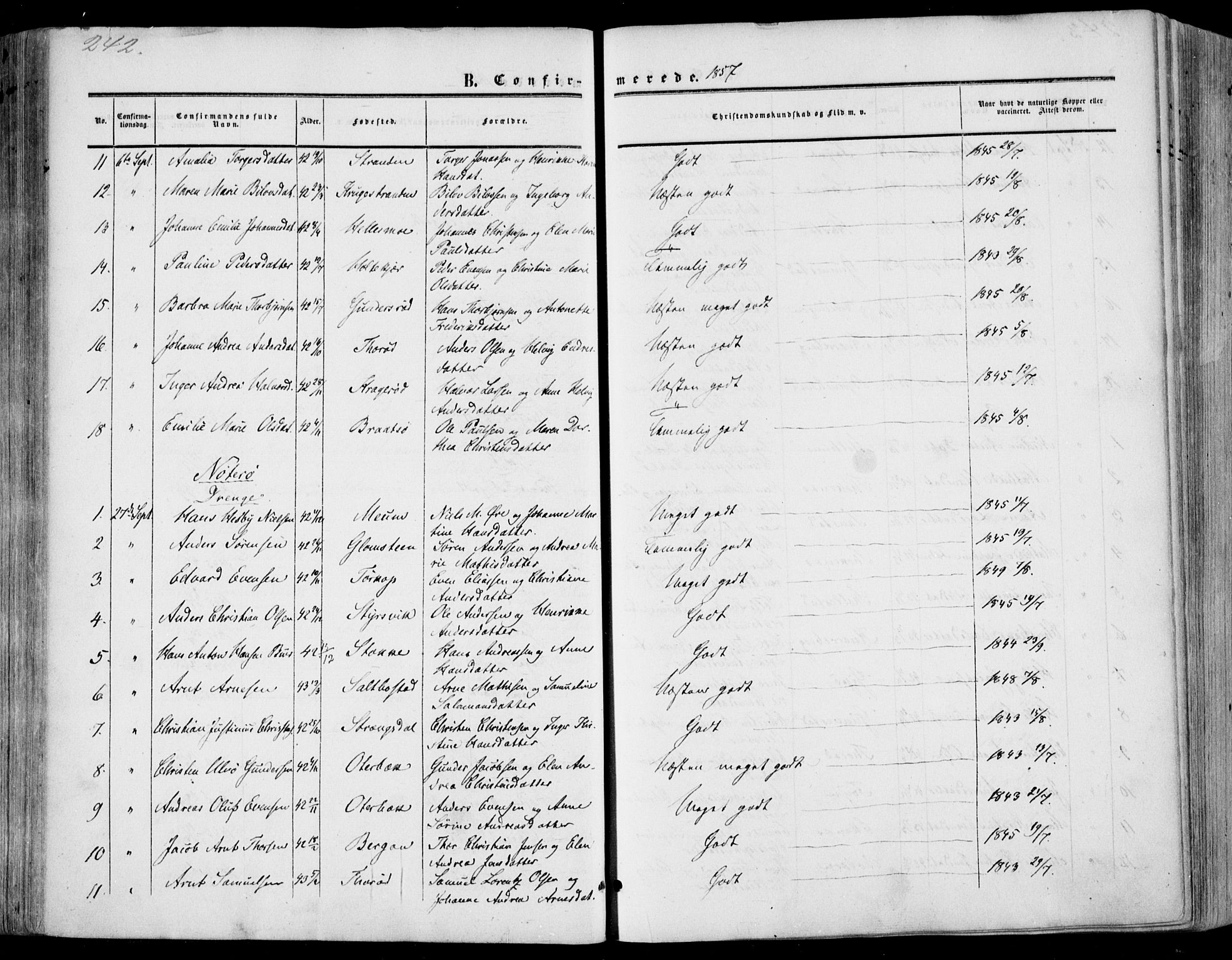 Nøtterøy kirkebøker, AV/SAKO-A-354/F/Fa/L0006: Parish register (official) no. I 6, 1852-1864, p. 242