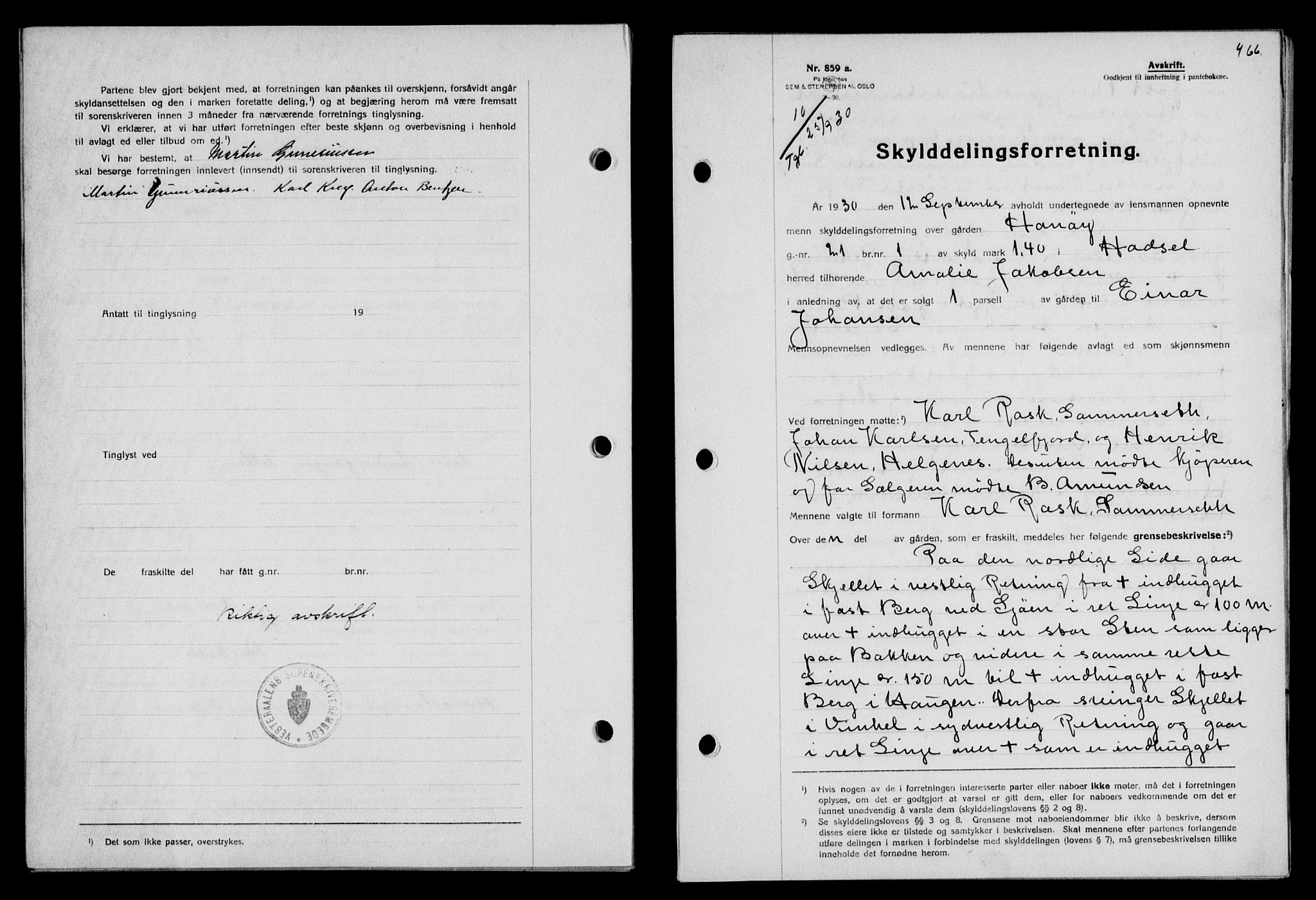 Vesterålen sorenskriveri, SAT/A-4180/1/2/2Ca/L0051: Mortgage book no. 44, 1930-1930, Deed date: 25.09.1930