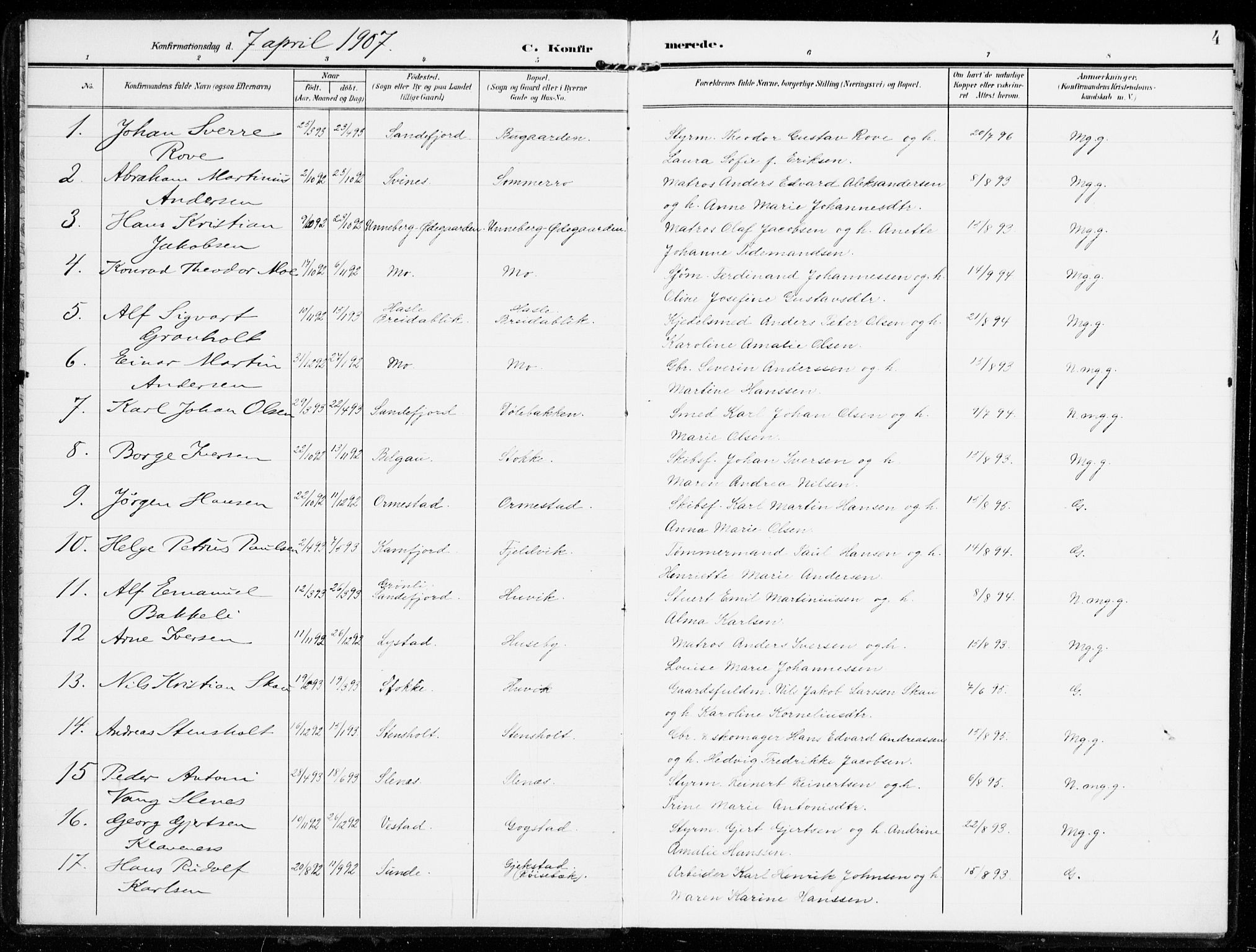 Sandar kirkebøker, SAKO/A-243/F/Fa/L0017: Parish register (official) no. 17, 1907-1917, p. 4