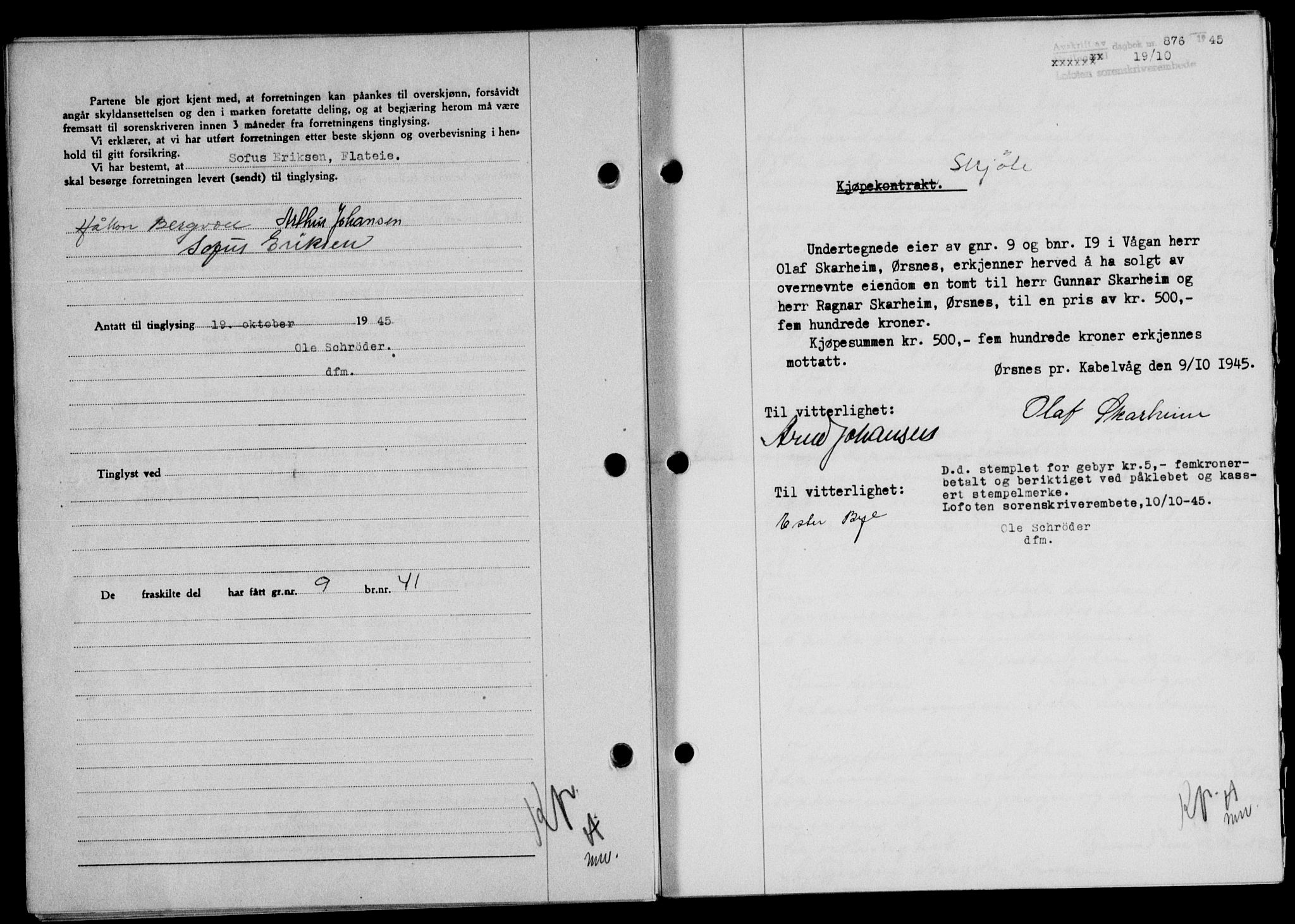 Lofoten sorenskriveri, SAT/A-0017/1/2/2C/L0013a: Mortgage book no. 13a, 1944-1946, Diary no: : 876/1945