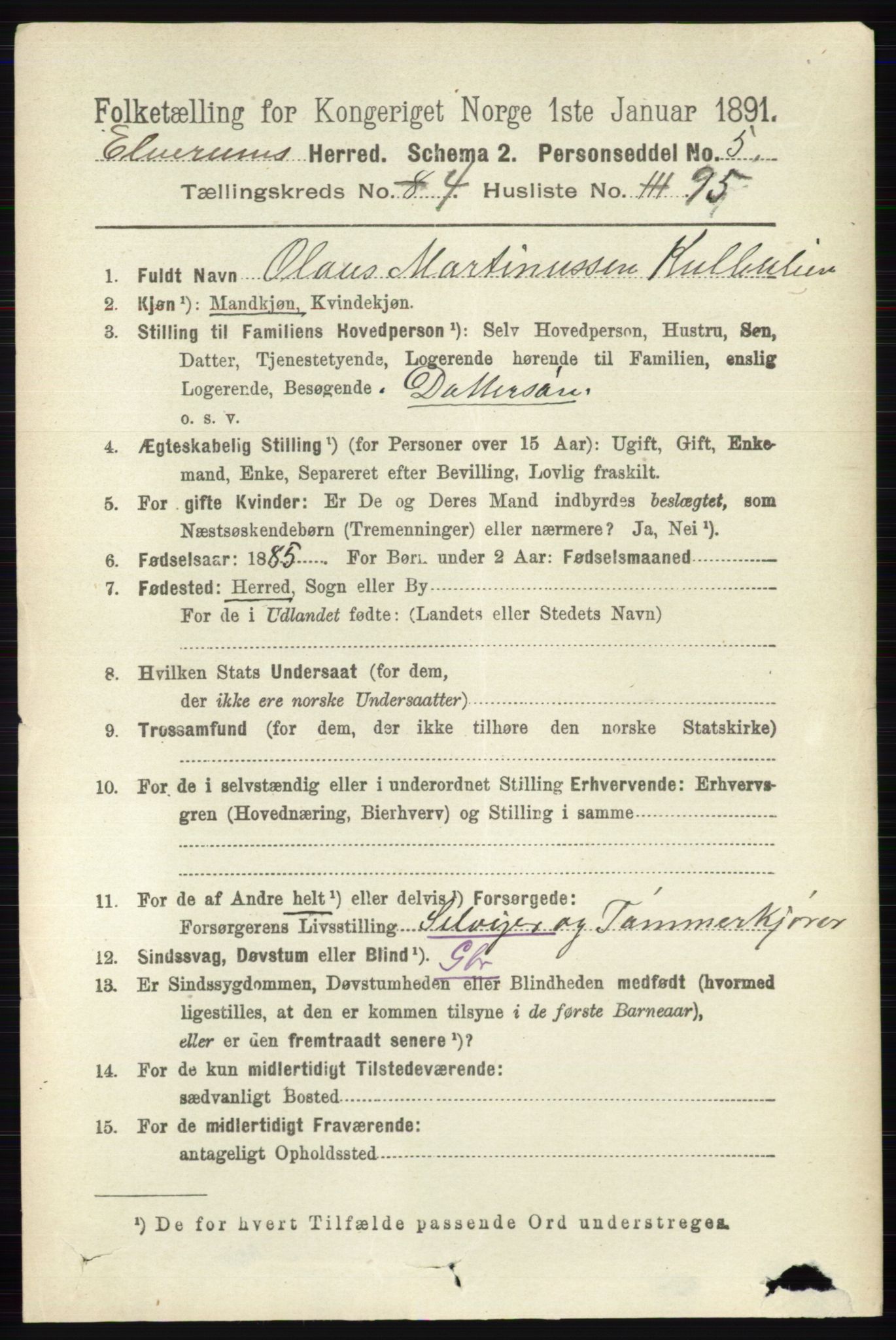 RA, 1891 census for 0427 Elverum, 1891, p. 2927