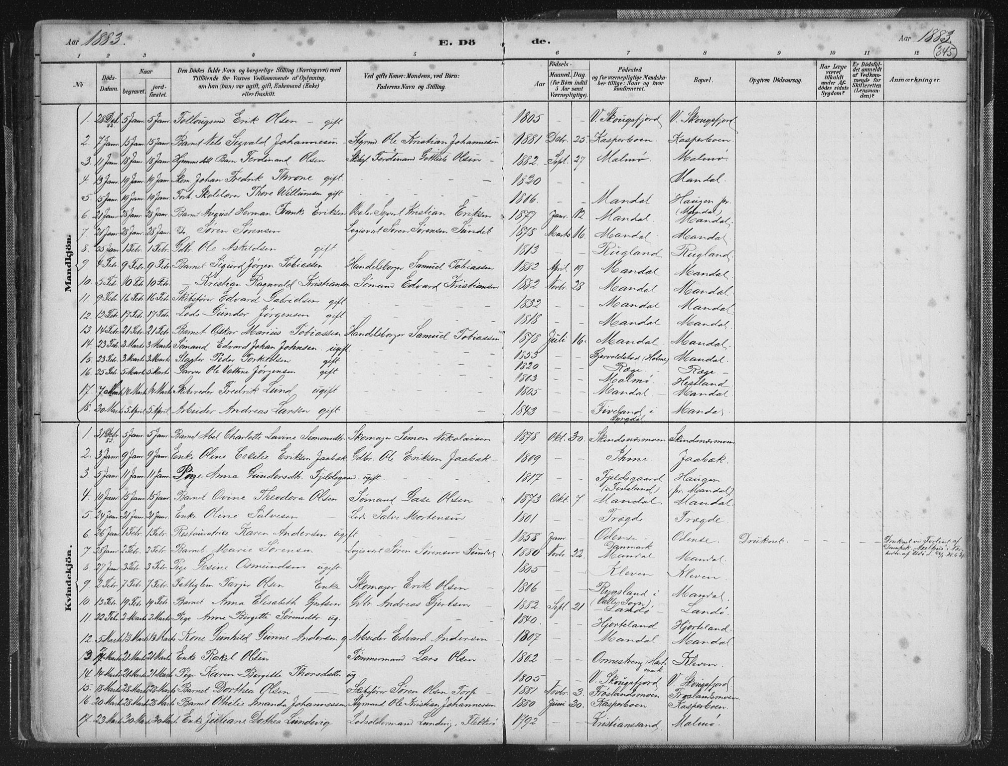 Mandal sokneprestkontor, SAK/1111-0030/F/Fb/Fba/L0011: Parish register (copy) no. B 5, 1880-1898, p. 345