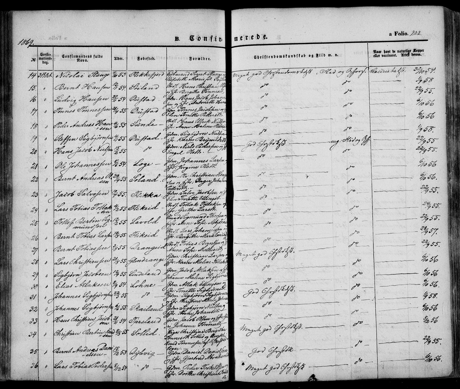 Flekkefjord sokneprestkontor, AV/SAK-1111-0012/F/Fa/Fac/L0005: Parish register (official) no. A 5, 1849-1875, p. 222